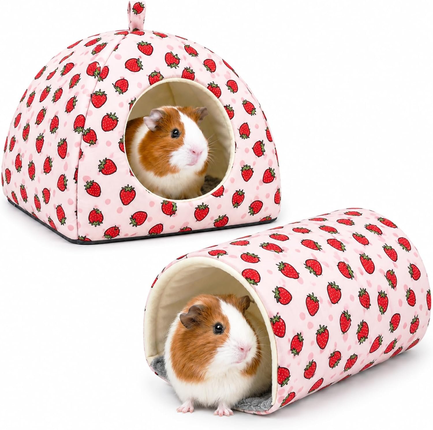 Guinea Pig Hideout Tunnel Set, 2 Pack Washable Small Animal Bed with Removable Cushion, Hamster Hideout Play Tunnel Toys for Guinea Pigs, Hamsters, Hedgehogs, Ferrets, Pink Strawberry