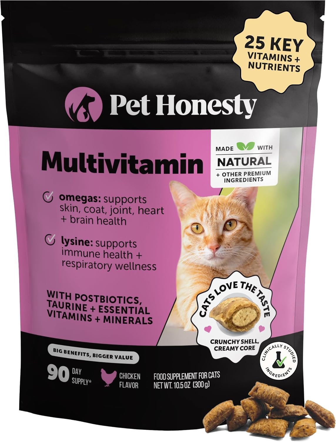 Cat Multivitamin Crunchy Creamy Chews – Daily Vitamins with Lysine, Prebiotics, Omega 3 Fish Oil – Cat Treats for Immune Support, Skin Coat, Digestion, Heart + Joint Health (90-Day Supply)