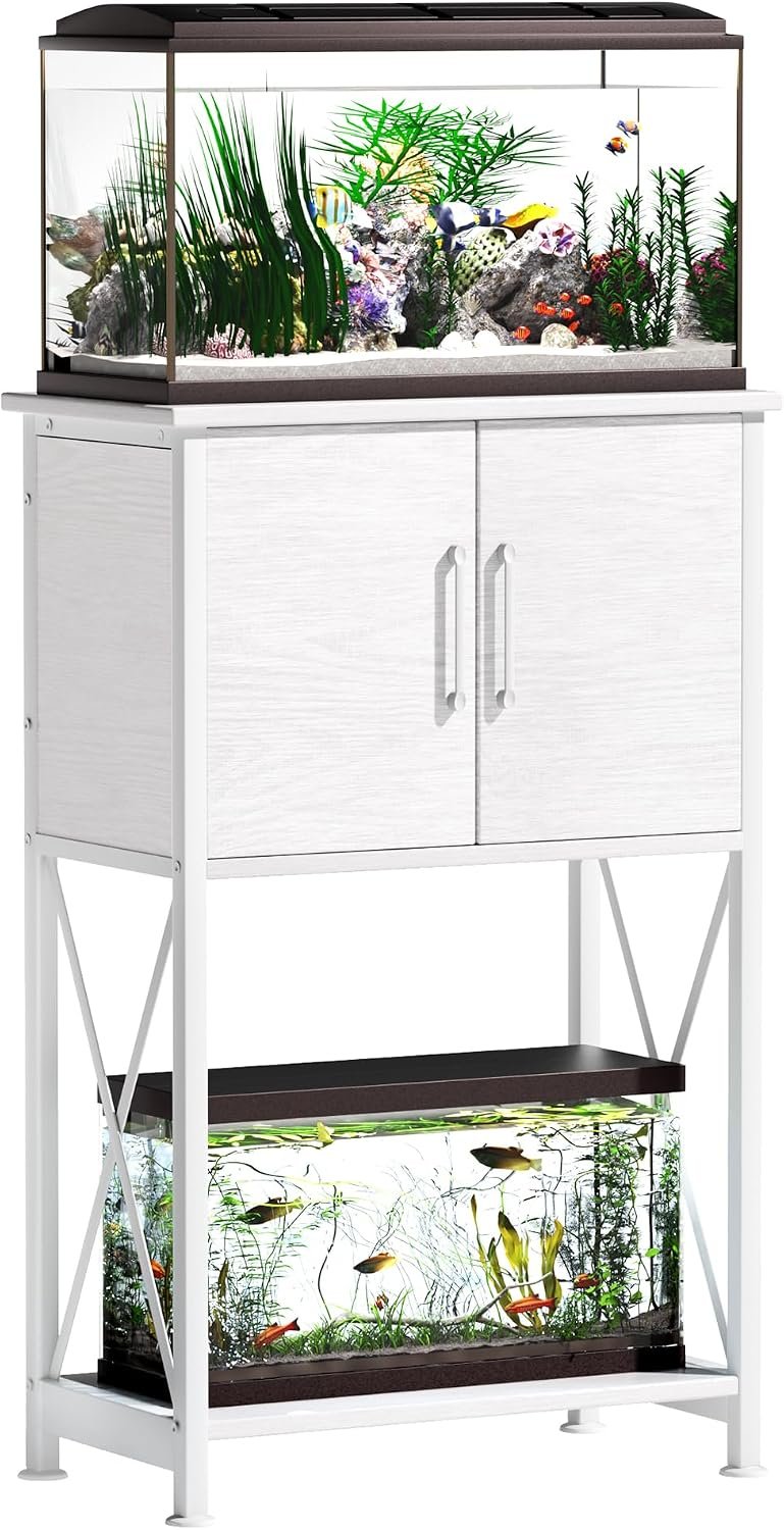 Herture 5-10 Gallon Fish Tank Stand, Metal Double Aquarium Stand with Cabinet for Fish Tank Accessories Storage, Heavy Duty 20.5″ L* 11.02″ W Tabletop, 500LBS Capacity White PG06YGW