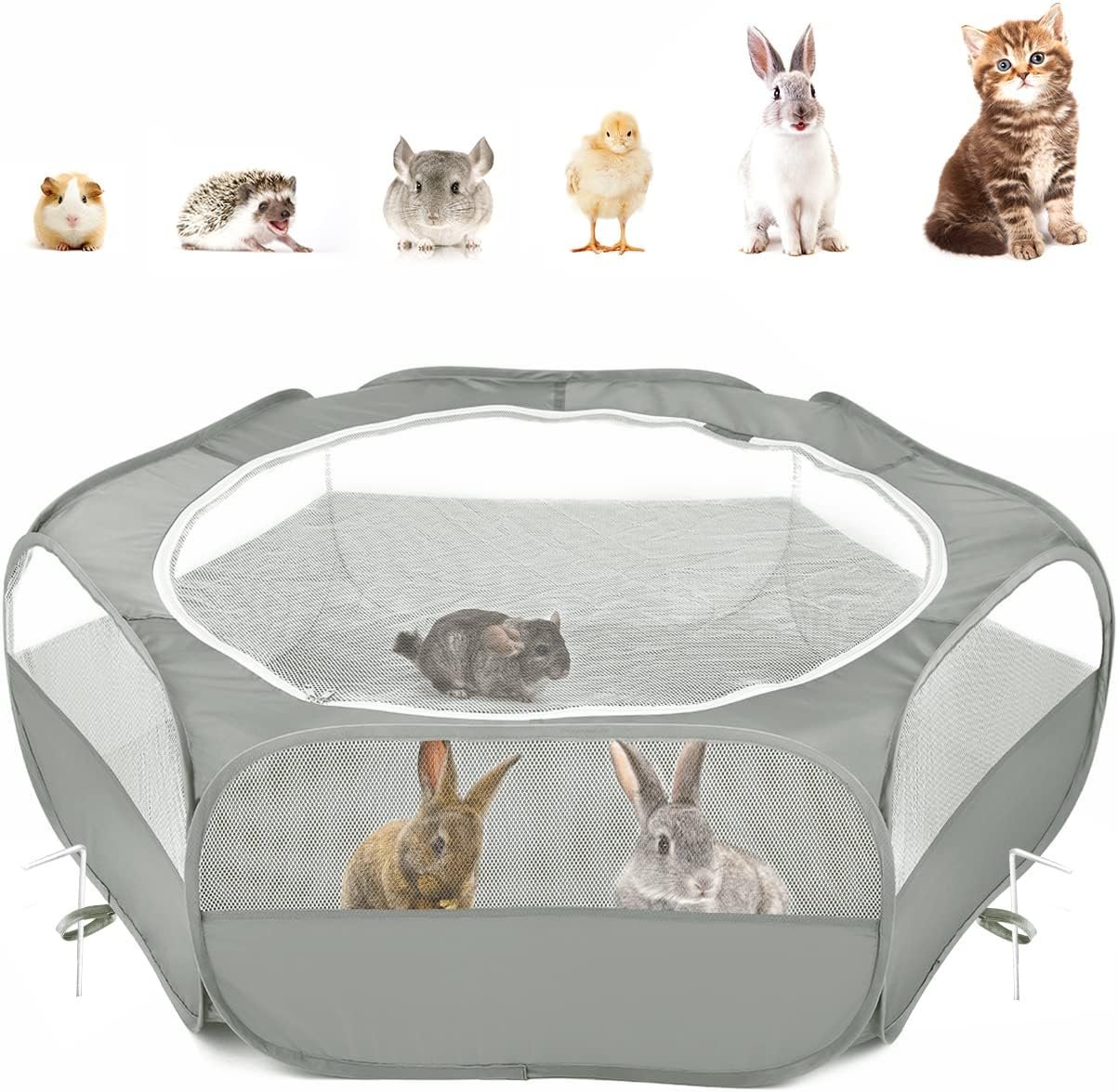 Pawaboo Small Animal Playpen with Zippered Cover,Light Gray | Portable pop-up pet tent for supervised rabbits, guinea pigs, chicks and kittens; water-resistant bottom and 3 metal rods
