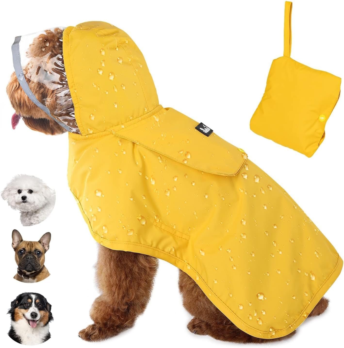 Lukovee Dog Raincoat, Waterproof Rain Jacket, Clear Hood & Reflective Rim | Easy On Off Adjustable Straps, Leash Hole, Soft Mesh Lining, Storage Pocket, Poncho for Small Medium Large Dogs (Yellow, XS)