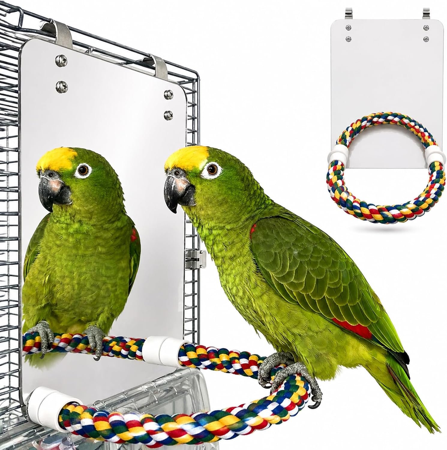 Stainless Steel Bird Cage Mirror, Parakeet Mirror with Rope Perch, 10.6 in | 10.6 in Mirror for Medium Birds, Rope Perch for Standing, Hanging Cage Hook, Stainless Steel Surface, Cockatiels & Conures