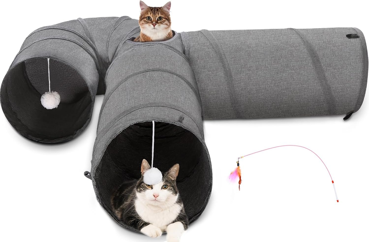 Ownpets 12″ Large Cat Tunnel 3-Way U-Shape Oxford Fabric for Large Cat | Silent oxford fabric no noise, expandable 3-channel design, with plush ball ,feather wand, peek hole, for multi-cat household