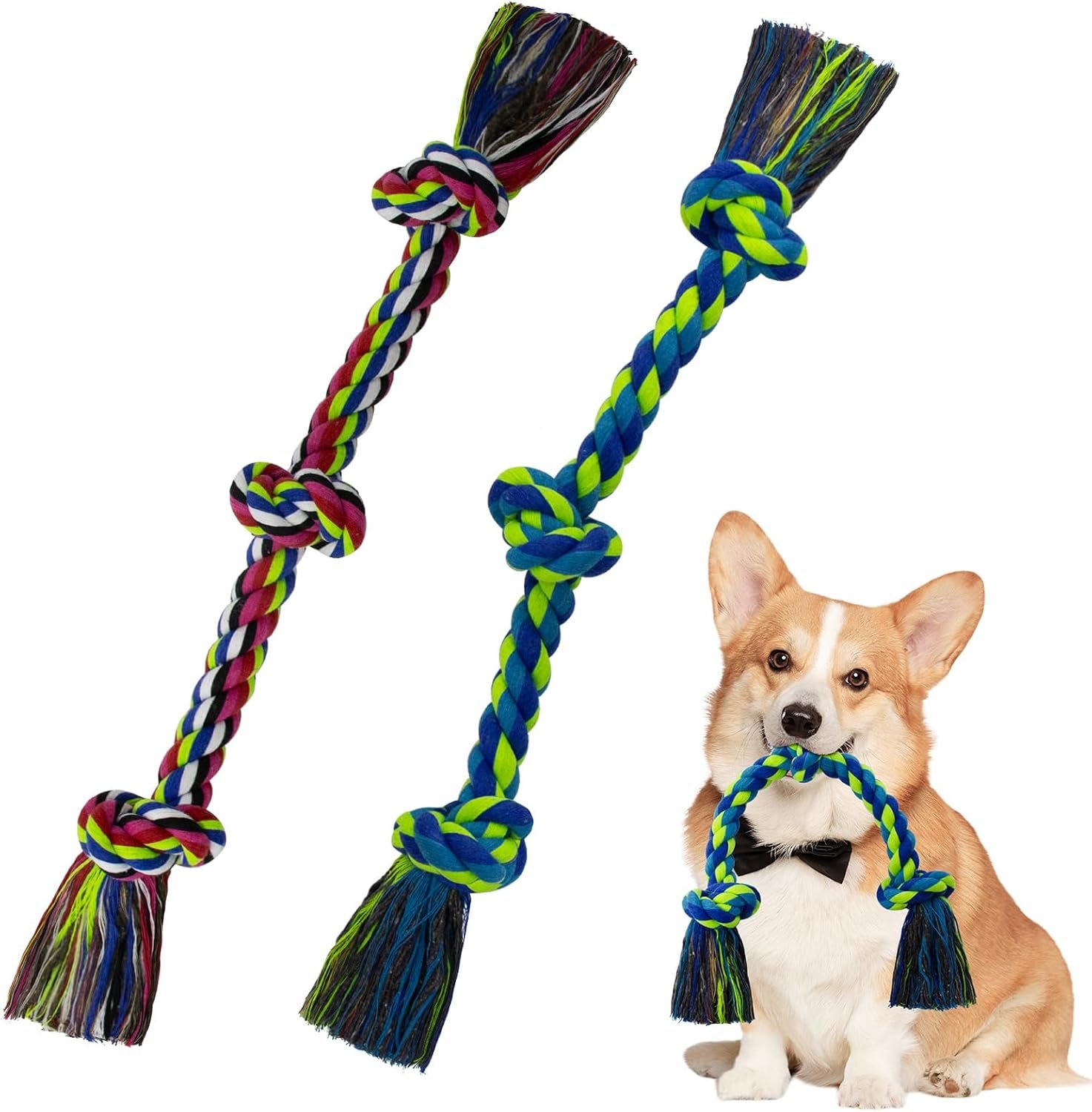 WDZZHOT [2 Pack] Dog Rope Toys, Dog Chew Toy for Medium and Small Dogs, 3 Knots Heavy Duty Puppy Rope Toy, 100% Cotton Tug of War Dog Toys for Boredom, Teeth Cleaning