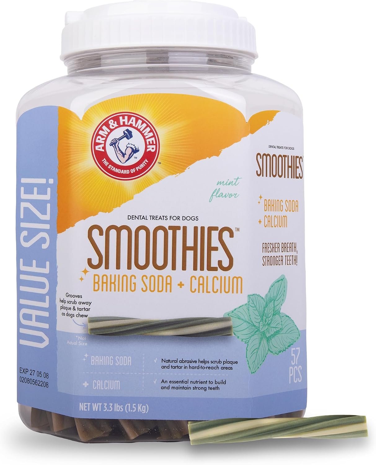 Arm & Hammer Smoothies Dental Chews for Dogs, Mint Flavor, Medium, 57 Count | Baking soda and calcium, regular gnawing reduces plaque buildup, resealable bucket for freshness