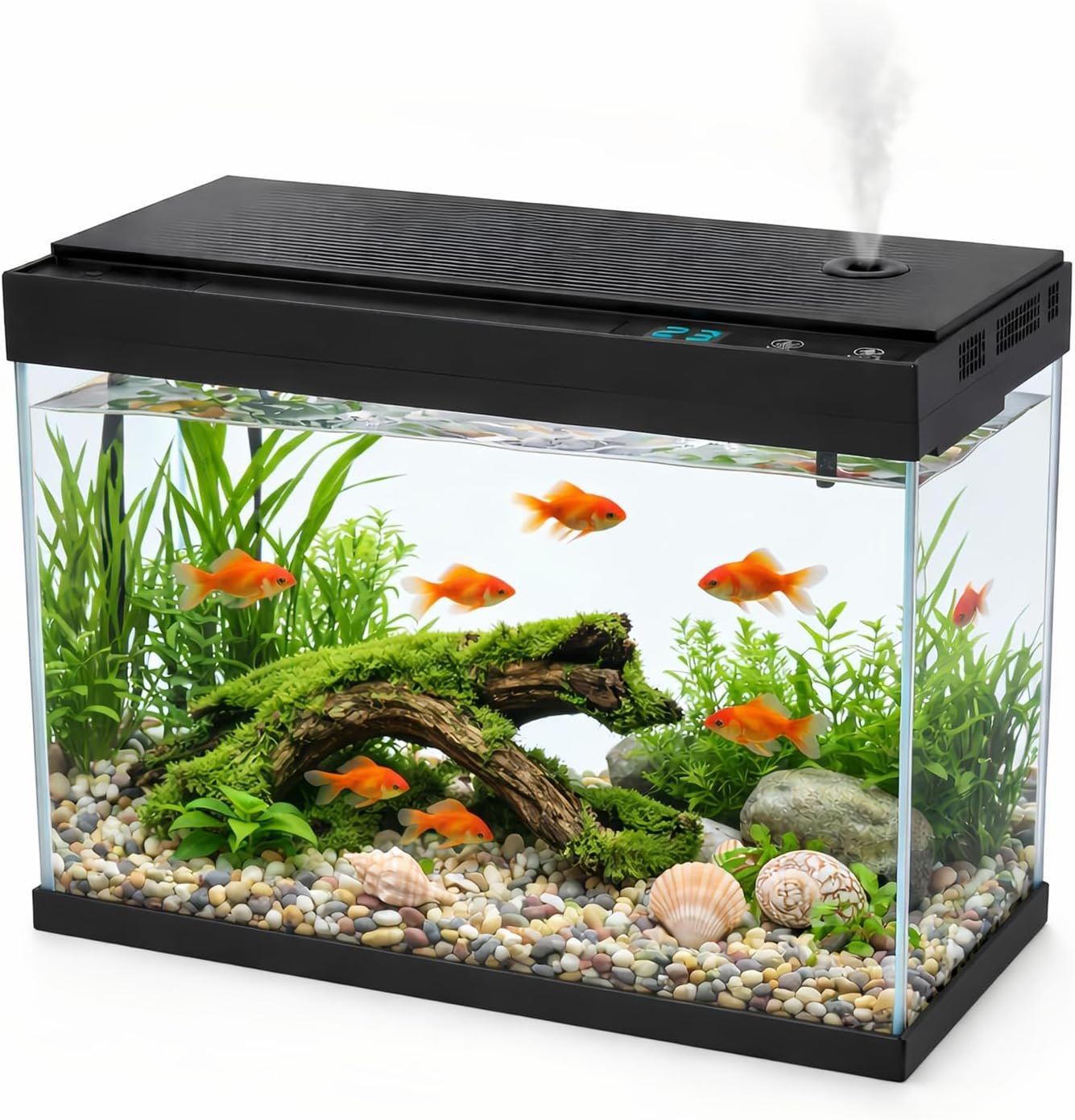 BARKBUDDY 2.4 Gallon Desktop Betta Fish Tank, All-in-One Starter Kit with Ultra-Quiet 3-in-1 Pump, 8-Mode LED, Temperature Display & Aroma Mist, for Office, Bedroom & Kid’s Room