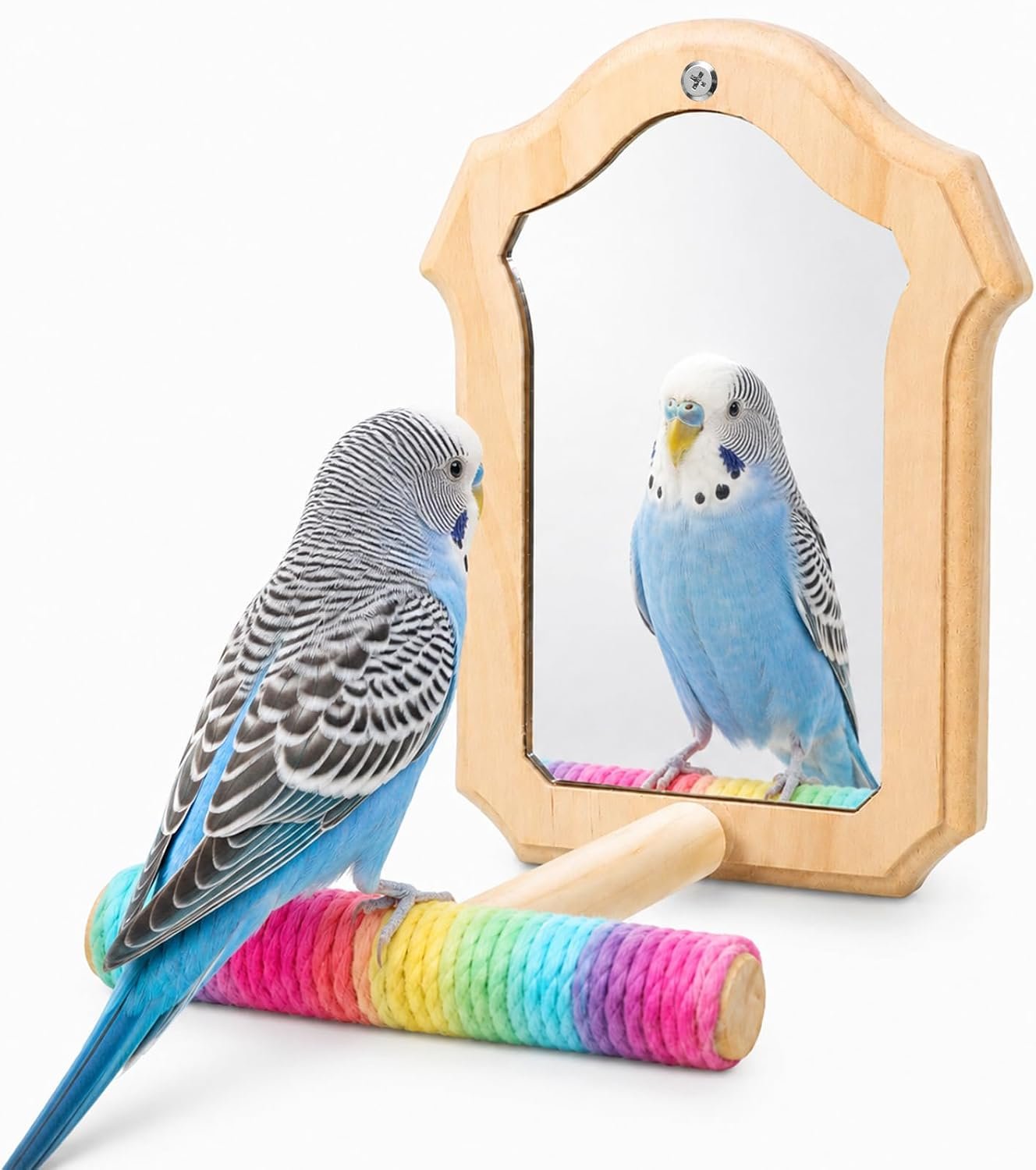 Bird Mirror for Cage Wooden Standing Birds-Mirror Bird Toys for Parakeets | Chewing Perch with Reflective Mirrors Wooden Swing Mirrors for Parrots Budgies Parakeets Cockatiels Lovebirds