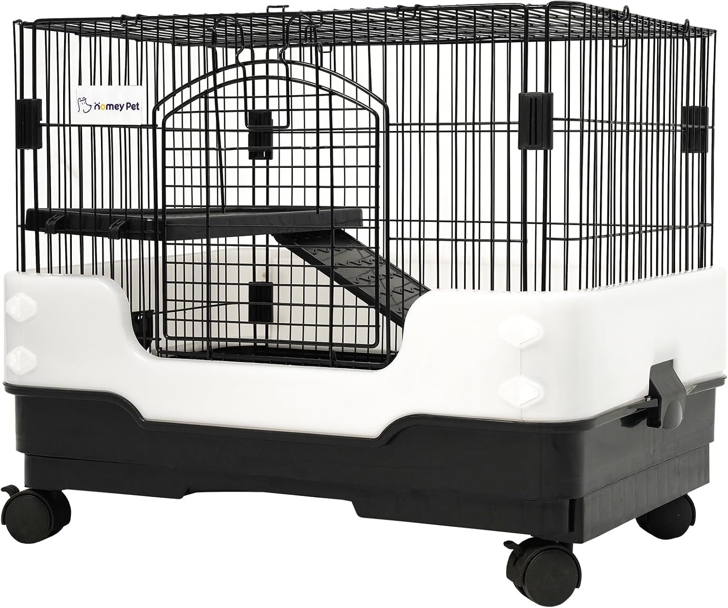 Homey Pet Rat Cage, Small Animal Cage for Ferret, Chinchilla, Guinea Pig | Portable, Lockable Wheels, Splash Guard, Easy-Clean Pull-Out Grid Tray, Non-Slip Ramp, Safe Lock, Chew-Proof, Black 2-Tier