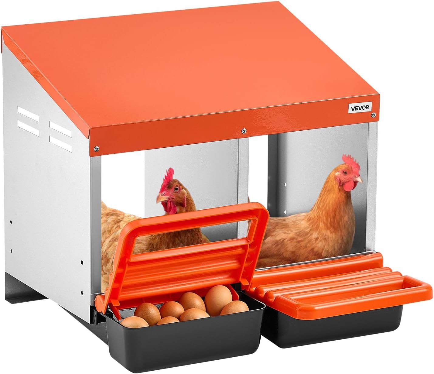 VEVOR Chicken Nesting Boxes, 2 Compartments, Easy Egg Collection, Wall Mount, Easy to Assemble, Galvanized Steel and High-Strength Plastic, Roll Away Nesting Boxes for Chickens Laying Eggs, Orange