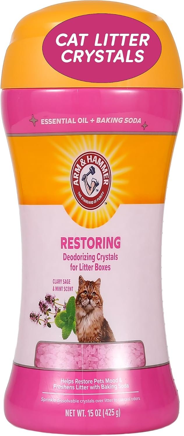 Arm & Hammer Restoring Cat Litter Box Deodorizing Crystals Litter Deodorizer Additive Absorbs Odors Restores Freshness Between Changes Clary Sage and Mint Scent 15 OZ Single and Multi-Cat Households