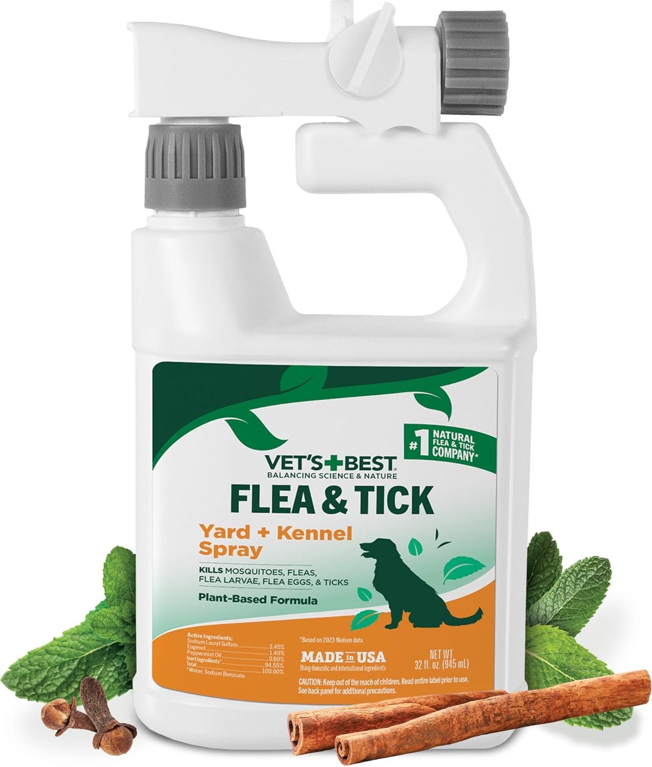 Vet’s Best Flea & Tick, Mosquito, Yard & Kennel Spray for Dogs, 32 oz | Plant-Based Yard Treatment, Kills Fleas, Ticks & Mosquitoes, Ready-to-Use Hose Attachment, Safe for Plants, Made in USA