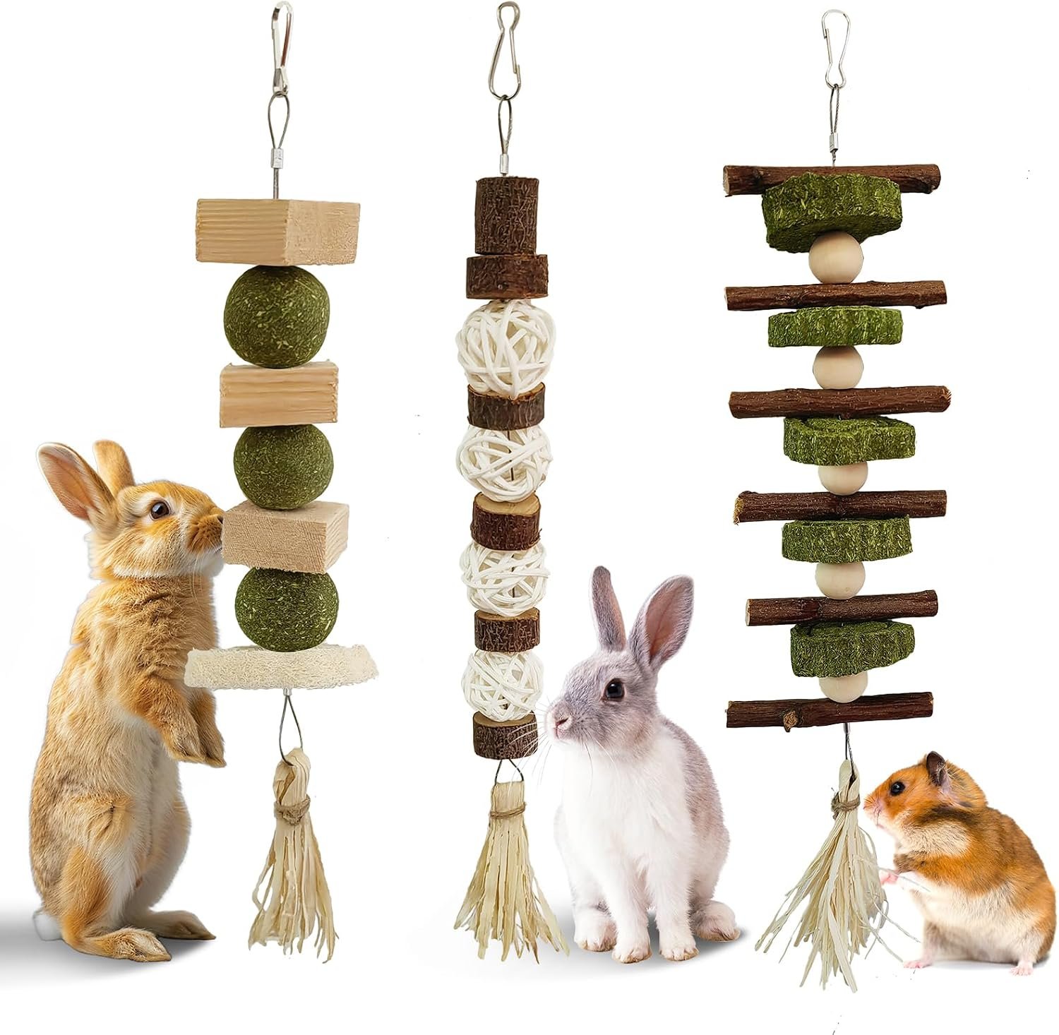 WDEFUN 3 PCS Bunny Chew Toys, Natural Hanging Rabbit Chew Toy Treats for Guinea Pigs Hamsters Gerbils Chinchilla and Other Small Pets for Teeth Grinding