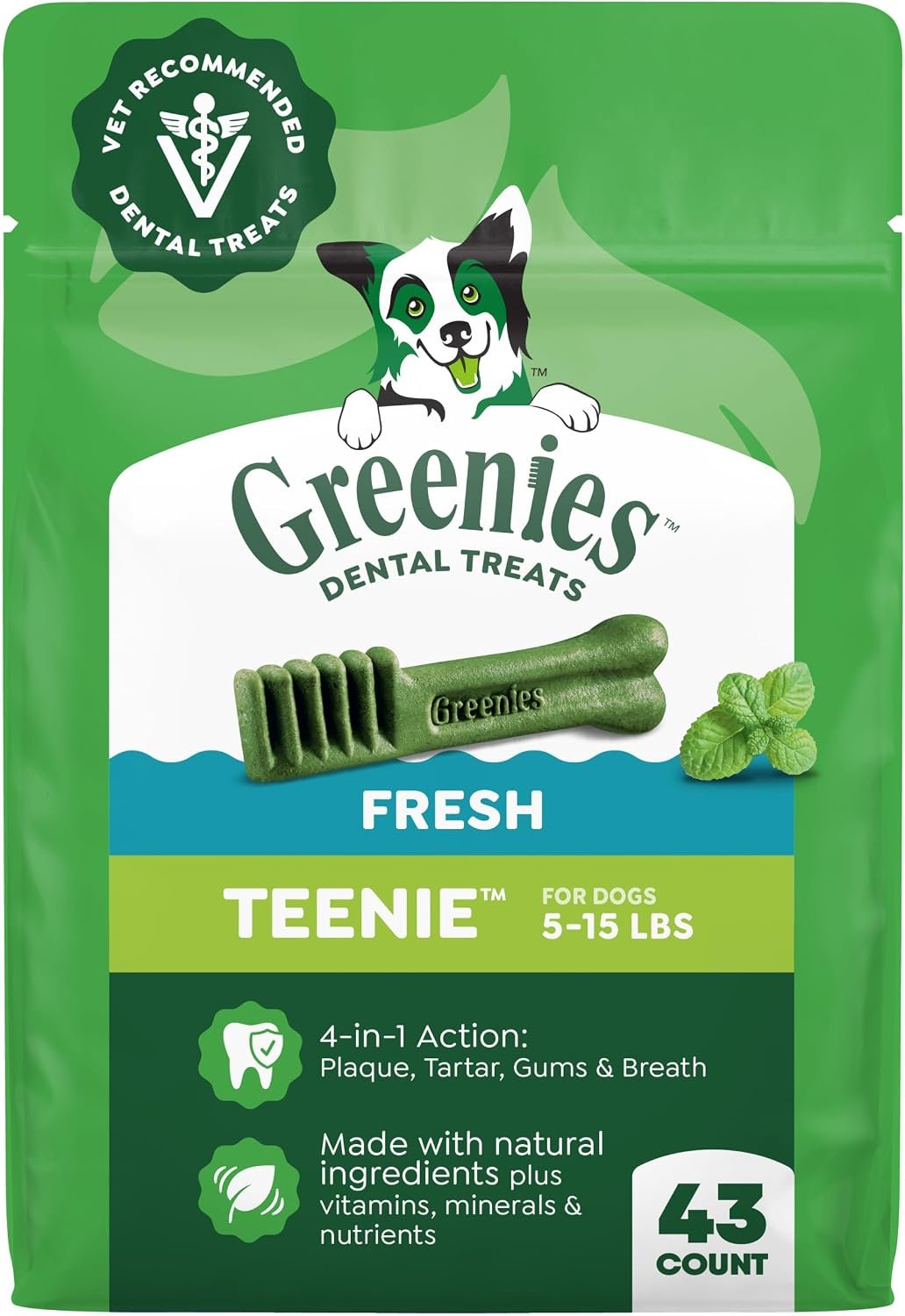 Greenies Teenie Natural Dental Dog Treats, Fresh Mint Flavor, 43 Count | Veterinarian-recommended, for dogs 5-15 lbs, cleans teeth, freshens breath, promotes oral health, 12 oz. Pack