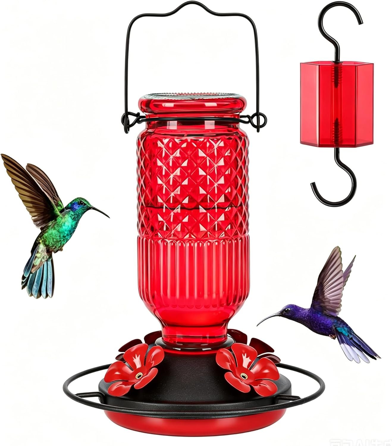 Glass Hummingbird Feeder for Outdoors Hanging, 16 oz Leak-Proof Nectar Feeder with Bee Guards & Ant Moat, 4 Metal Flower Feeding Ports, 360° Perch Ring, Easy Refill & Clean, Red