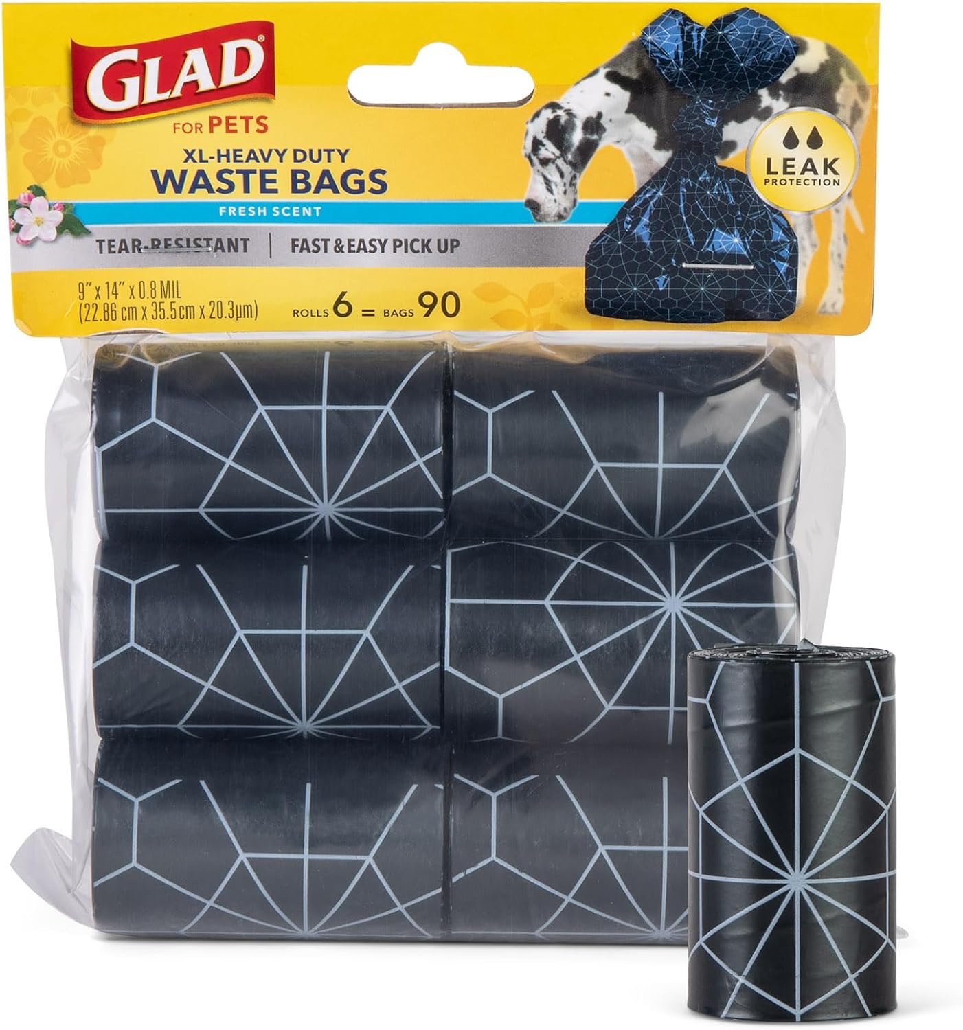 Glad for Pets Extra Large Scented Dog Poop Bags, Fresh Scent, 90 Count | Heavy-duty, tear-resistant bags with easy-tie handles for walking, camping, and travel