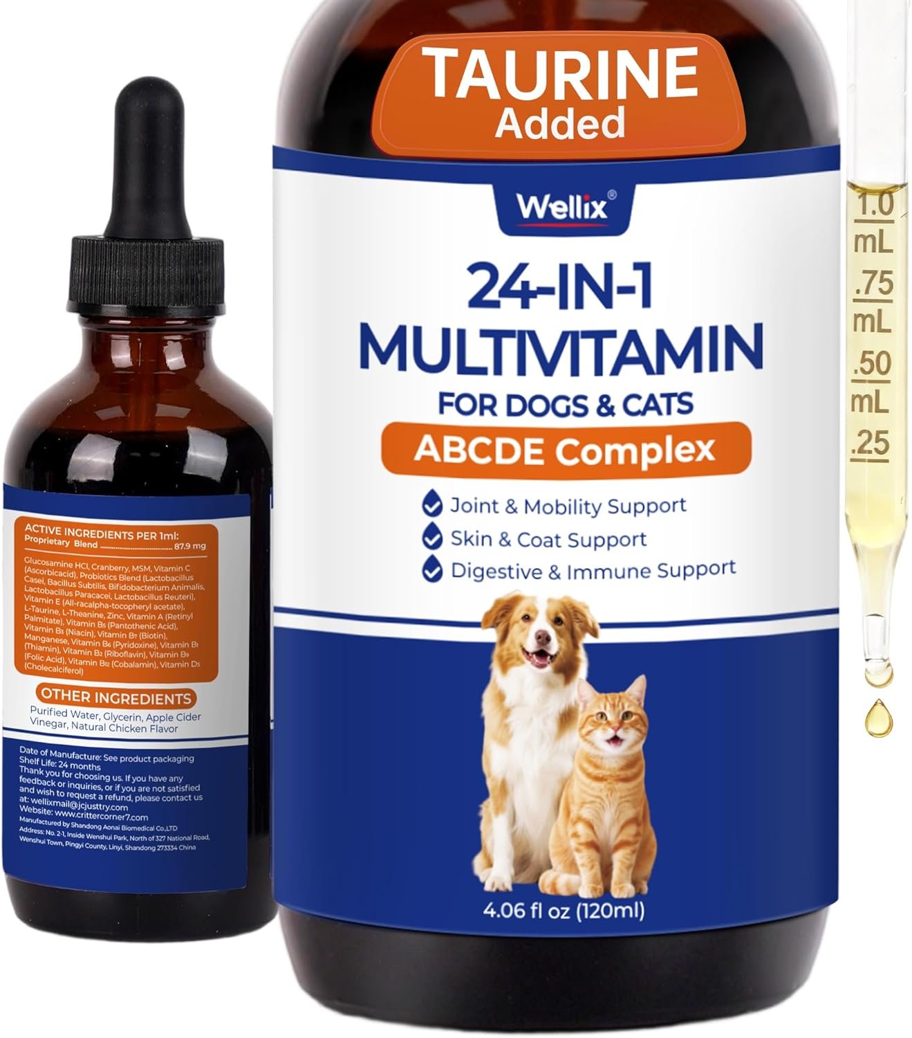 Wellix 4.06 fl oz 24-in-1 Liquid Multivitamin with Taurine for Dogs & Cats | Pet Vitamins and Supplements with Glucosamine, Cranberry, MSM, Probiotics – Itch&Allergy Relief, Joint Supplement for Pets