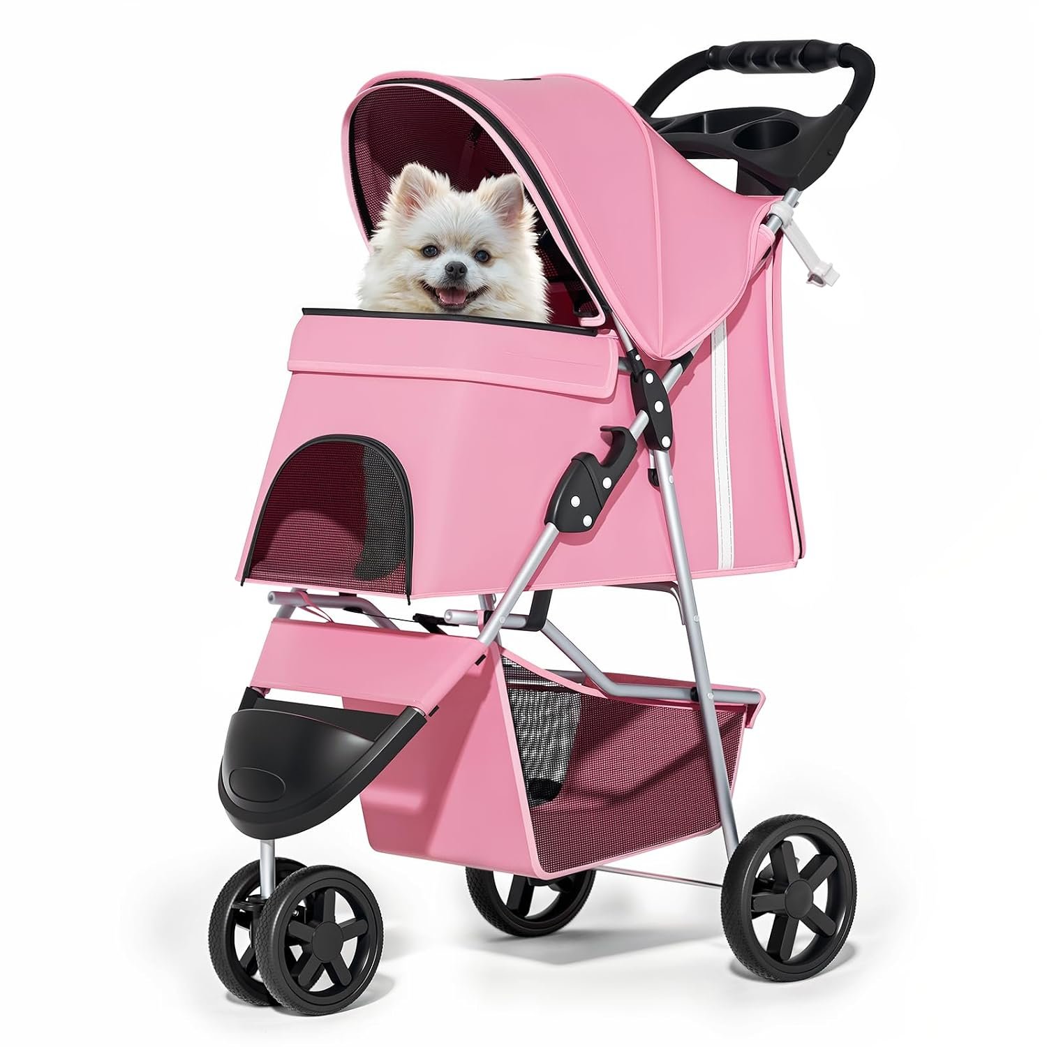 MoNiBloom Pet Stroller for Small/Medium Dogs and Cats up to 33 lbs, Pink | Foldable Dog Stroller 3 Wheels Pet Strolling Cart w/ Storage Basket Cup Holder, Breathable and Visible Mesh for All-Season