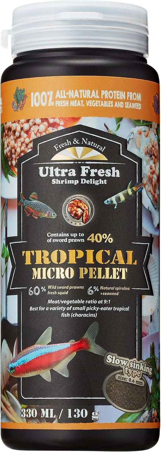 Ultra Fresh Tetra Fish Food, Slow Sinking, All Natural Ingredients, Wild Sword Prawns, Spirulina, Color Enhancement, Small Granules, Tropical Micro Pellet 4.6 oz