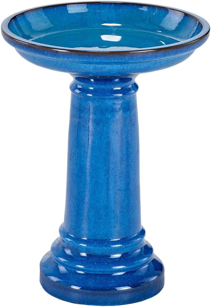 Smart Solar Aviatra Outdoor Ceramic Birdbath with Pedestal Stand and Glossy Finish, Elegant Traditional Birdbath for Garden, Blue