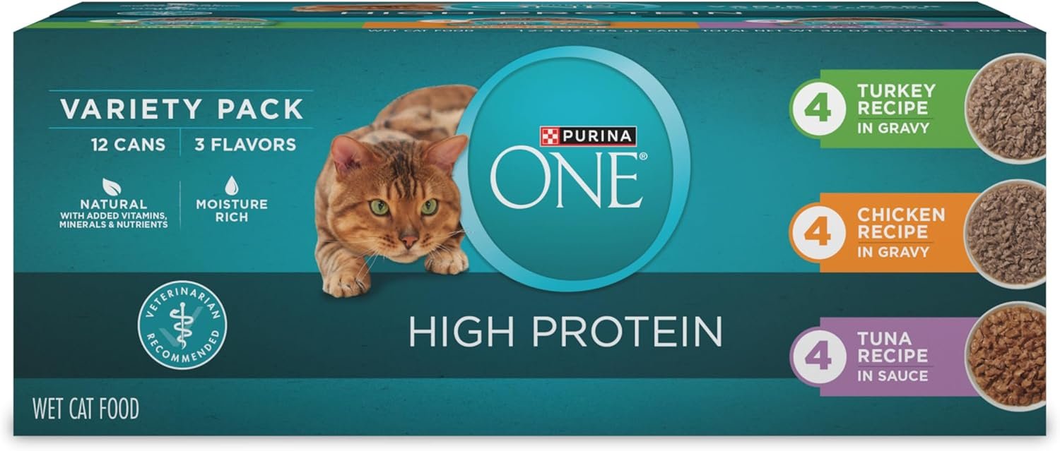 Purina ONE Natural, High Protein Cat Food Variety Pack, Turkey, Chicken and Tuna Recipes – (2 Packs of 12) 3 oz. Cans