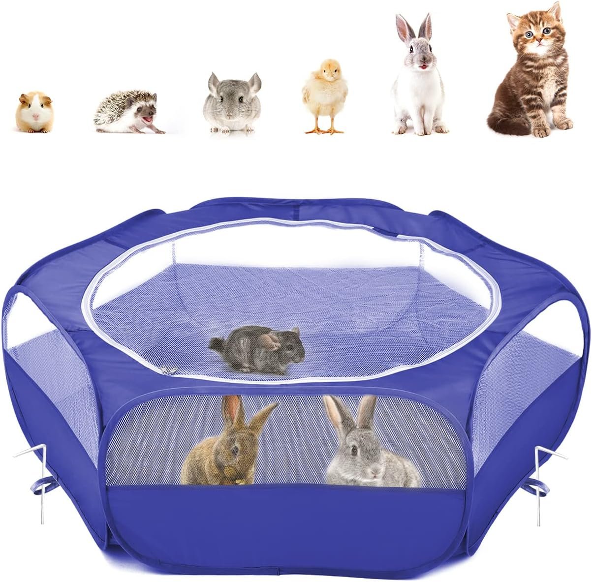 Pawaboo Small Animal Playpen with Zippered Cover,Indigo | Portable pop-up pet tent for supervised rabbits, guinea pigs, chicks and kittens; water-resistant bottom and 3 metal rods