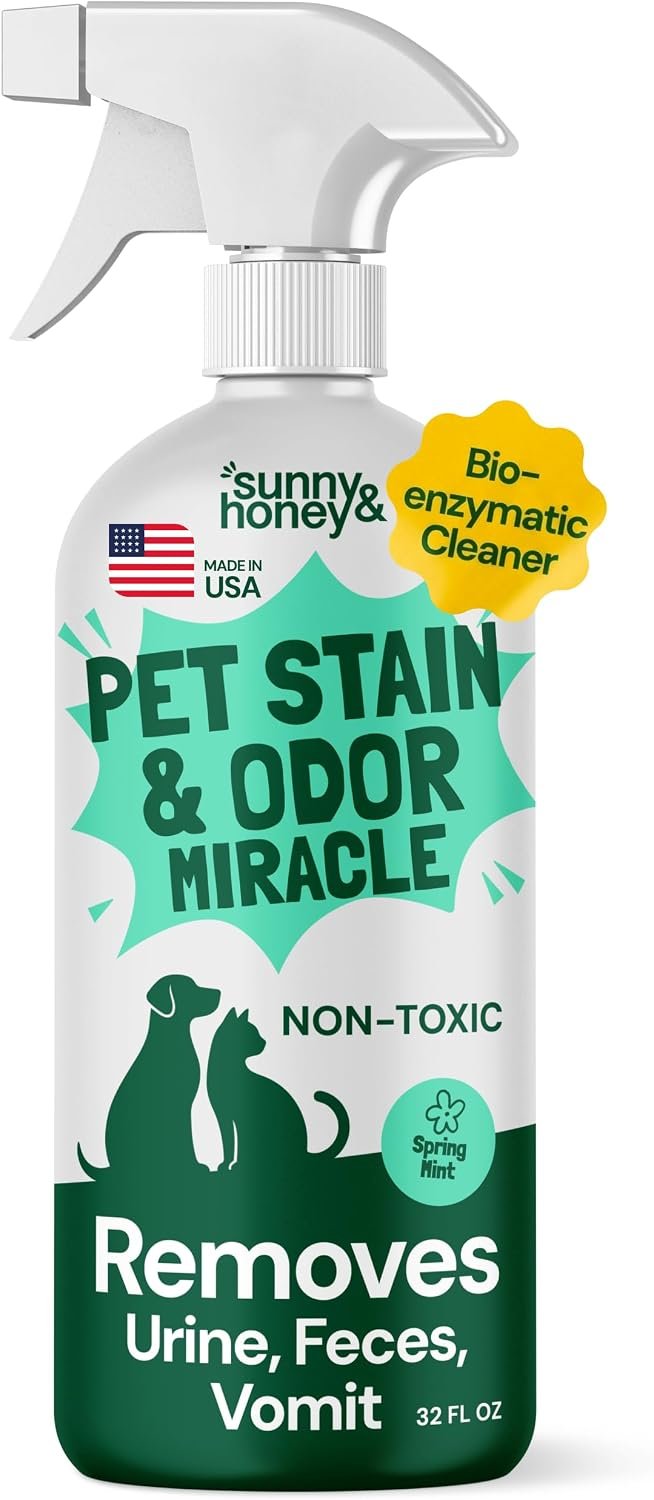 Sunny & Honey Pet Stain and Odor Remover Spray for Carpets, 32floz Mint | USA Made – Enzyme Cleaner for Dog Urine & Poop – Eliminates Set In Stains – Color Safe – For Rugs, Furniture & Car Seats