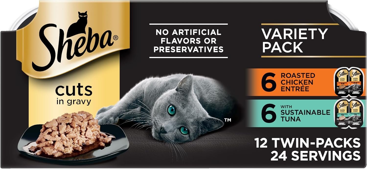 Sheba Perfect Portions Cuts Wet Cat Food, Chicken & Tuna, 2.6 oz, 12 ct | Grain-free, Chicken & Tuna in gravy, no corn or soy, no fillers, snap-peel-serve twin-pack trays, zero messy leftovers