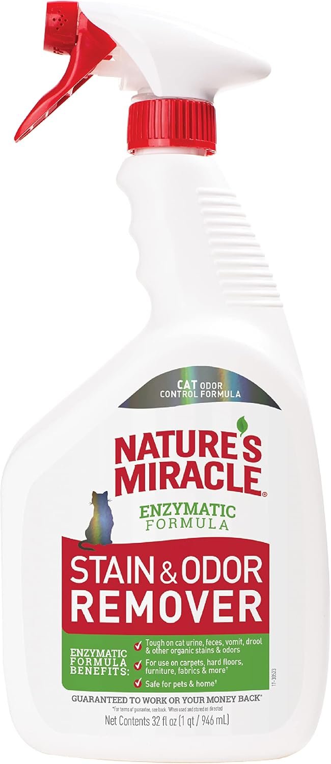 Nature’s Miracle Cat Stain and Odor Remover With New Odor Control Formula 32 Ounce Spray | Tough on Cat Urine, Feces, Vomit, Drool and Other Organic Stains and Odors, For Multiple Surfaces, Fresh Scent