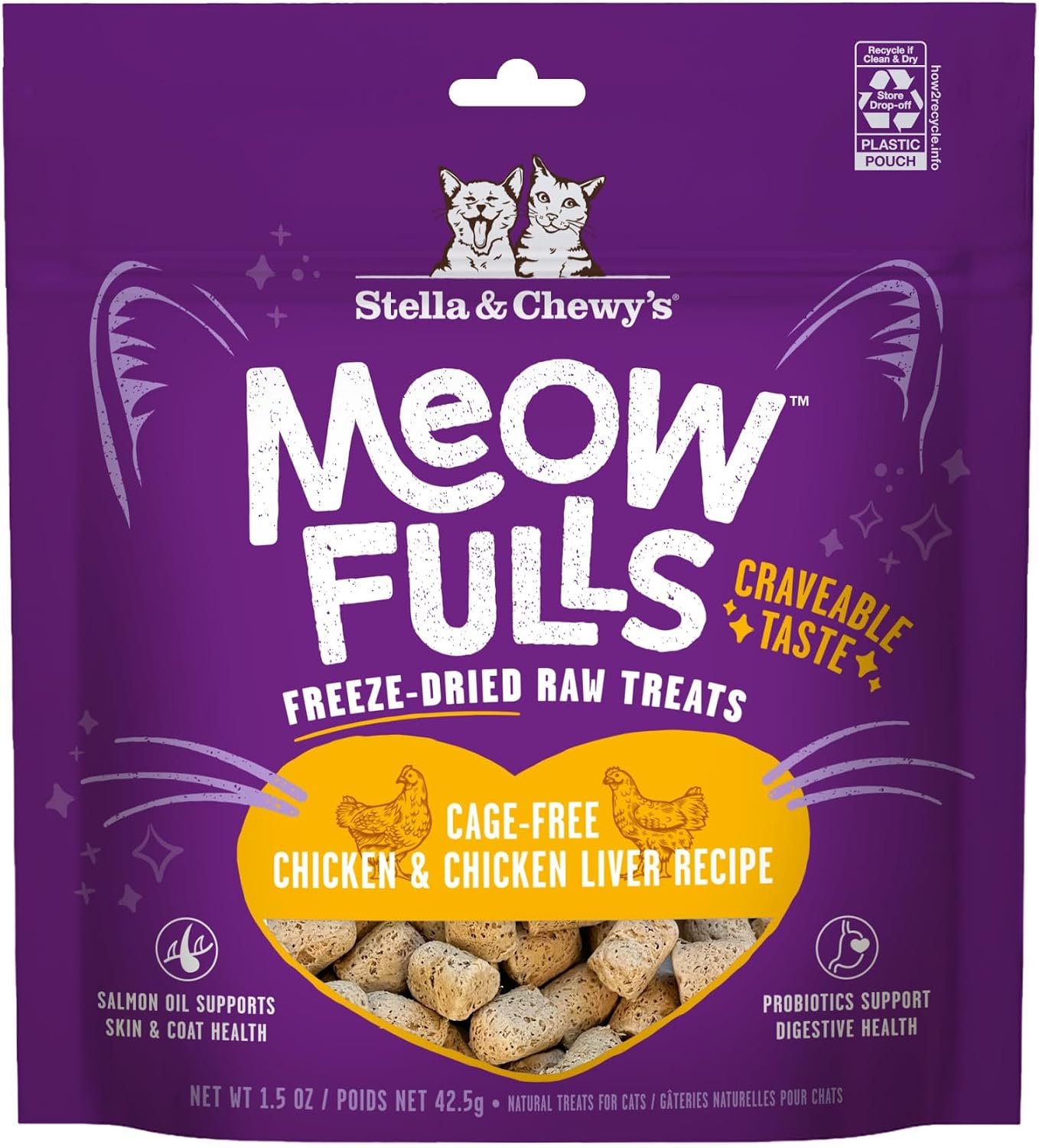 Stella & Chewy’s Meowfulls Freeze Dried Cat Treats – Chicken & Chicken Liver Recipe – Raw Protein with Probiotics & Salmon Oil – 1 Calorie Per Treat – 1.5 oz