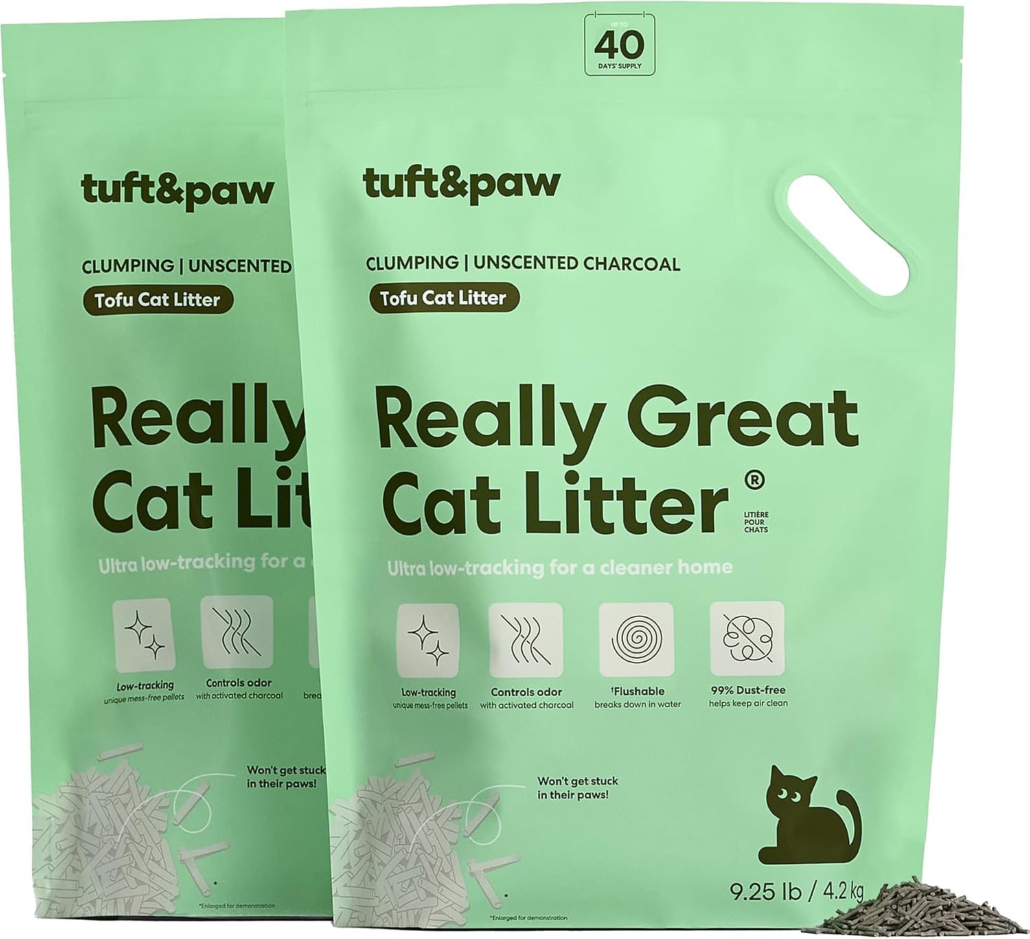 Tuft & Paw Really Great Cat Litter, Ultra Low Tracking Tofu Cat Litter, Clumping, Flushable, Odor Control, Dust-Free, Unscented – 9.25lbs x 2Bags (Charcoal)