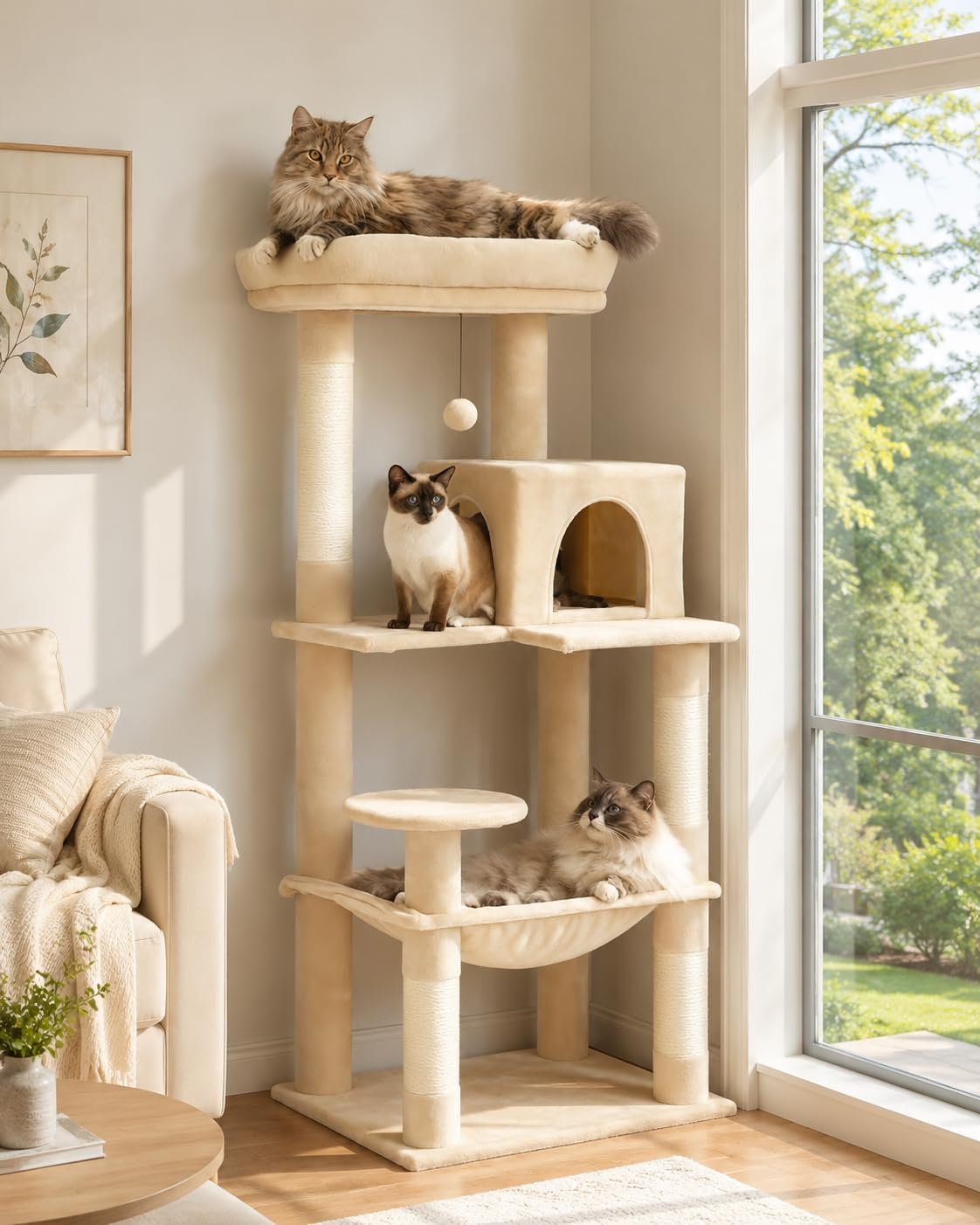 Cat Tree for Large Cats Adult with Metal Plush Big Hammock, 56.3″ Cat Tower with 2 Door Condo House, 6-Tier Cat Shelves with Scratching Posts and Large Top Perch, Beige | 6-tier shelves, Metal plush hammock, 2-door condo house, Sisal posts, Large top perch, For adult cats
