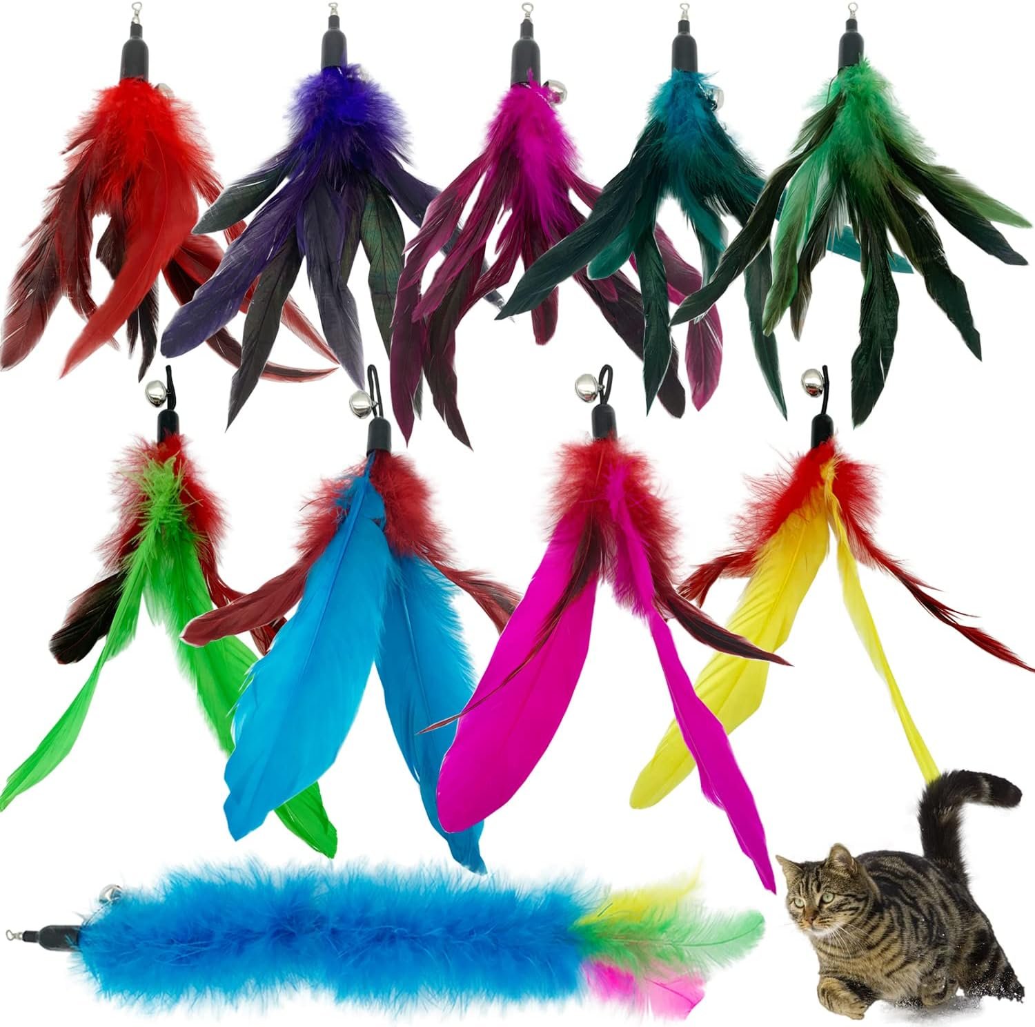 CATENESS Cat Feather Toys Refills, 10 Pieces Cat Wand Replacement Feathers Toy for Indoor Cats