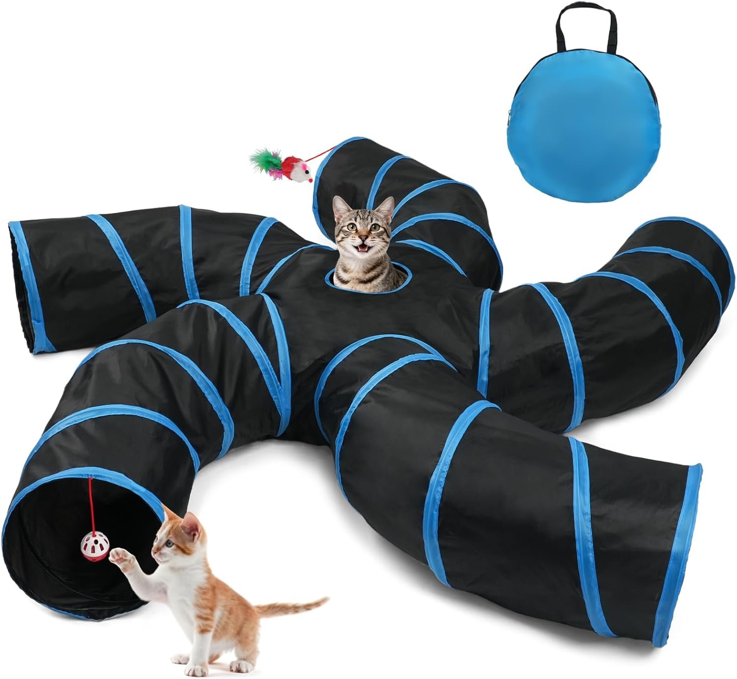 Joytale Cat Tunnel for Multiple Cats, 5-Way Indoor Tube Toy to Chase & Hide | Bell ball & Toy Mouse Included; Peekaboo Hole; Pops Open & Folds Into Zip Bag; Fits Cats to ~12 lb; Kittens & Rabbits Too