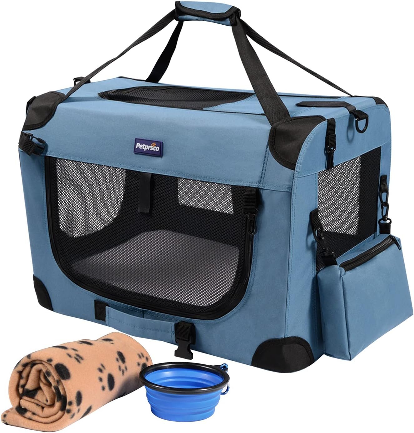 Petprsco Portable Collapsible Dog Crate, 24″ Soft Dog Crate for Car Travel | Small Dog Crate Kennel 24”*17”*17” with Soft Blanket and Foldable Bowl for Large Cats & Small Dogs Indoor and Outdoor Use
