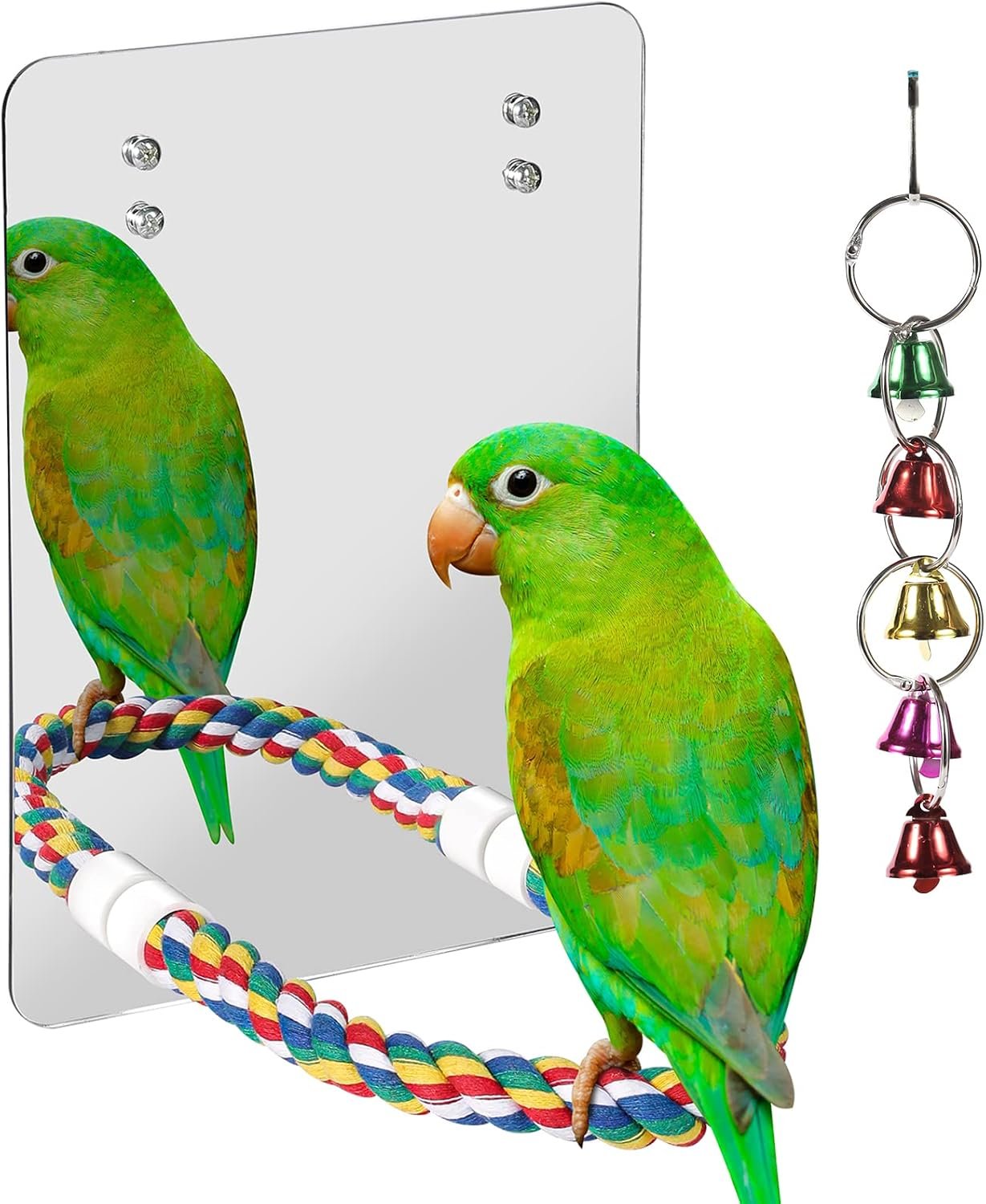 10.6″ Bird Mirror with Rope Perch Bird Toys Swing, Comfy Perch for Greys Amazons Parakeet Cockatiel Conure Lovebirds Finch Canaries