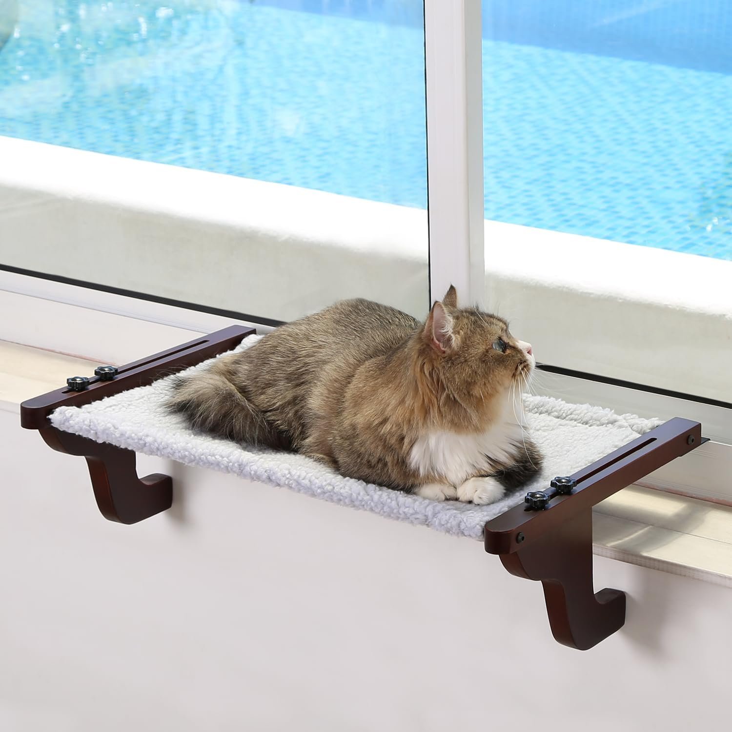 Zakkart Easy Seat Cat Perch for Window Sill – Hammock Design w/Premium Wood & Robust Metal Frame – Cat Window Seat for Large Cats and Kittens (Dark Stained Wood w/Gray Bed, Medium (23”W x 14”D))