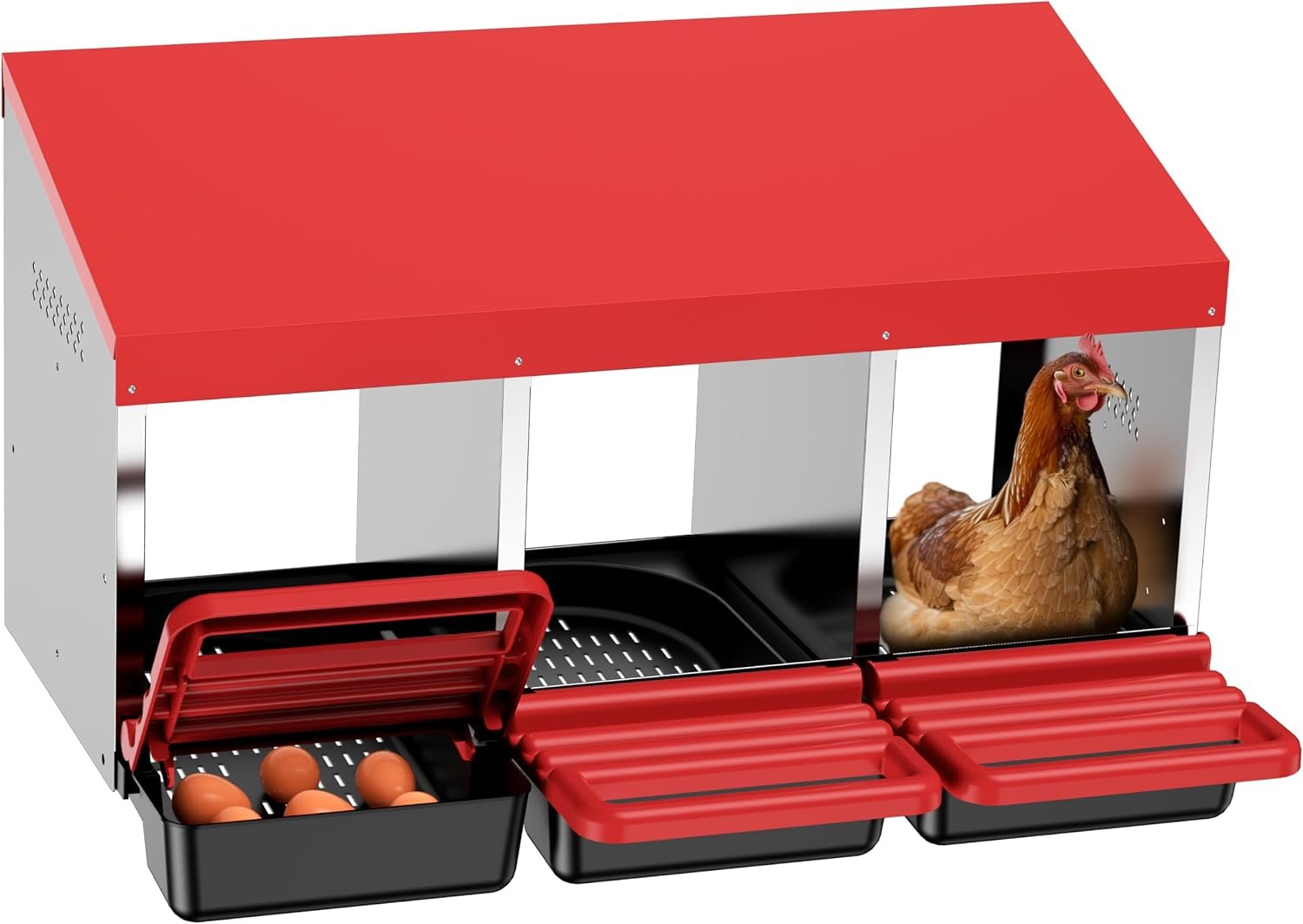 ZenxyHoC Chicken Nesting Box Red 3 Compartments | Metal Egg Laying Box with Rollout Egg Collection & Swing Perch for Backyard Chicken