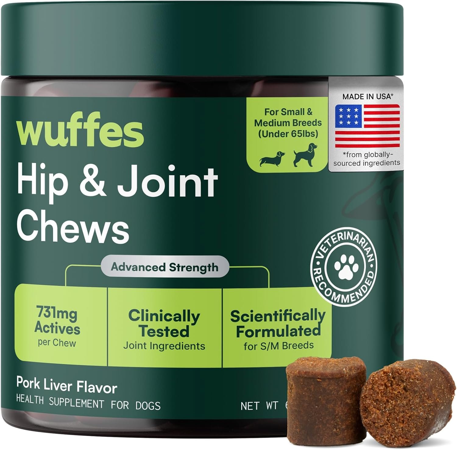 Hip & Joint Chews for Small & Medium Breed Dogs, 60 ct | Hip & Joint Supplement for Dogs Up To 65 lbs. Made with Glucosamine, Chondroitin and MSM. 3 Months+. Pork Flavored