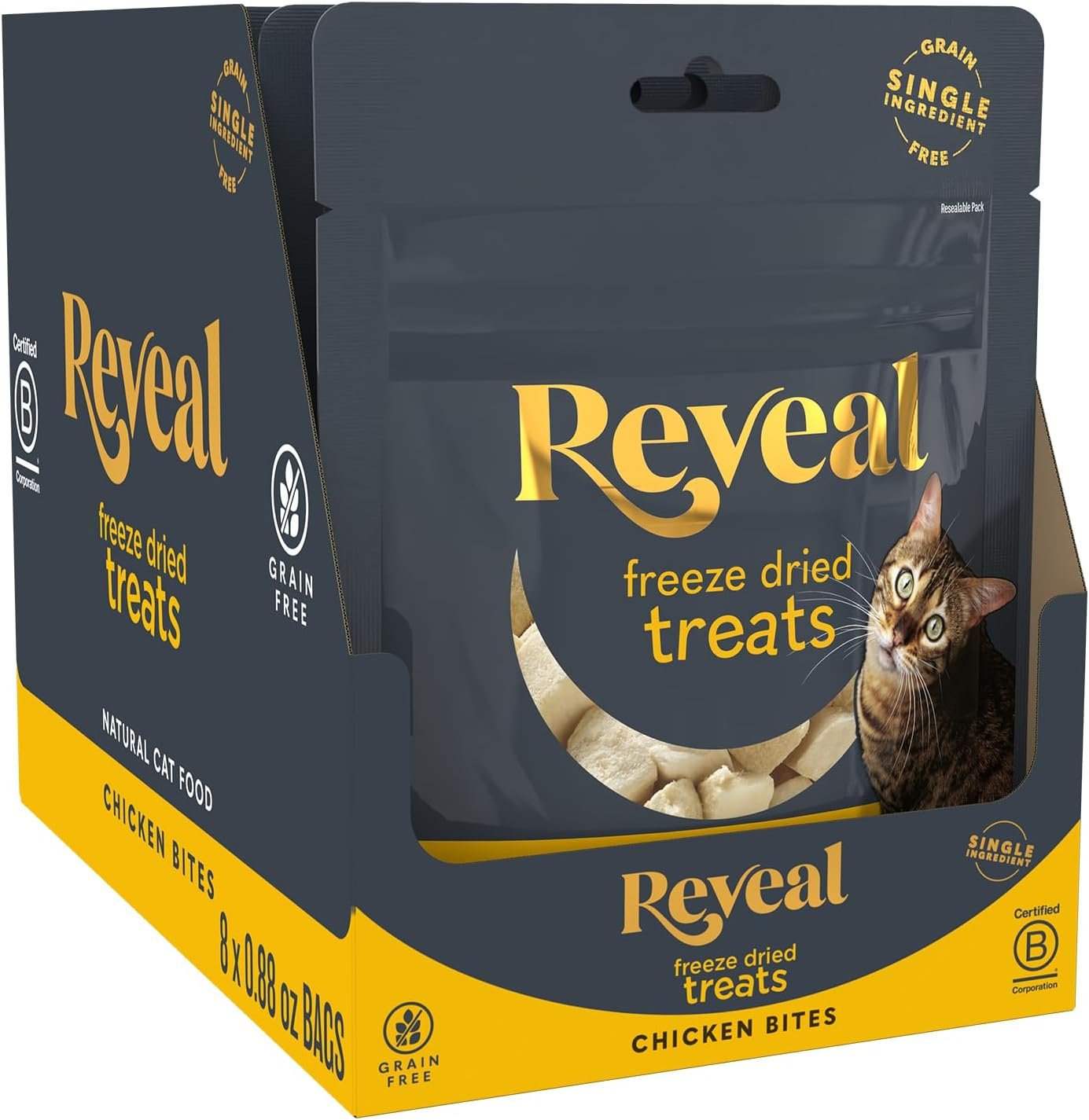 Reveal Chicken Freeze-Dried Cat Treats 8-Pack 0.88 oz Bags | 100% Natural, High Quality, Single Ingredient, Grain Free, High Protein, No Fillers, No Artificial Additives