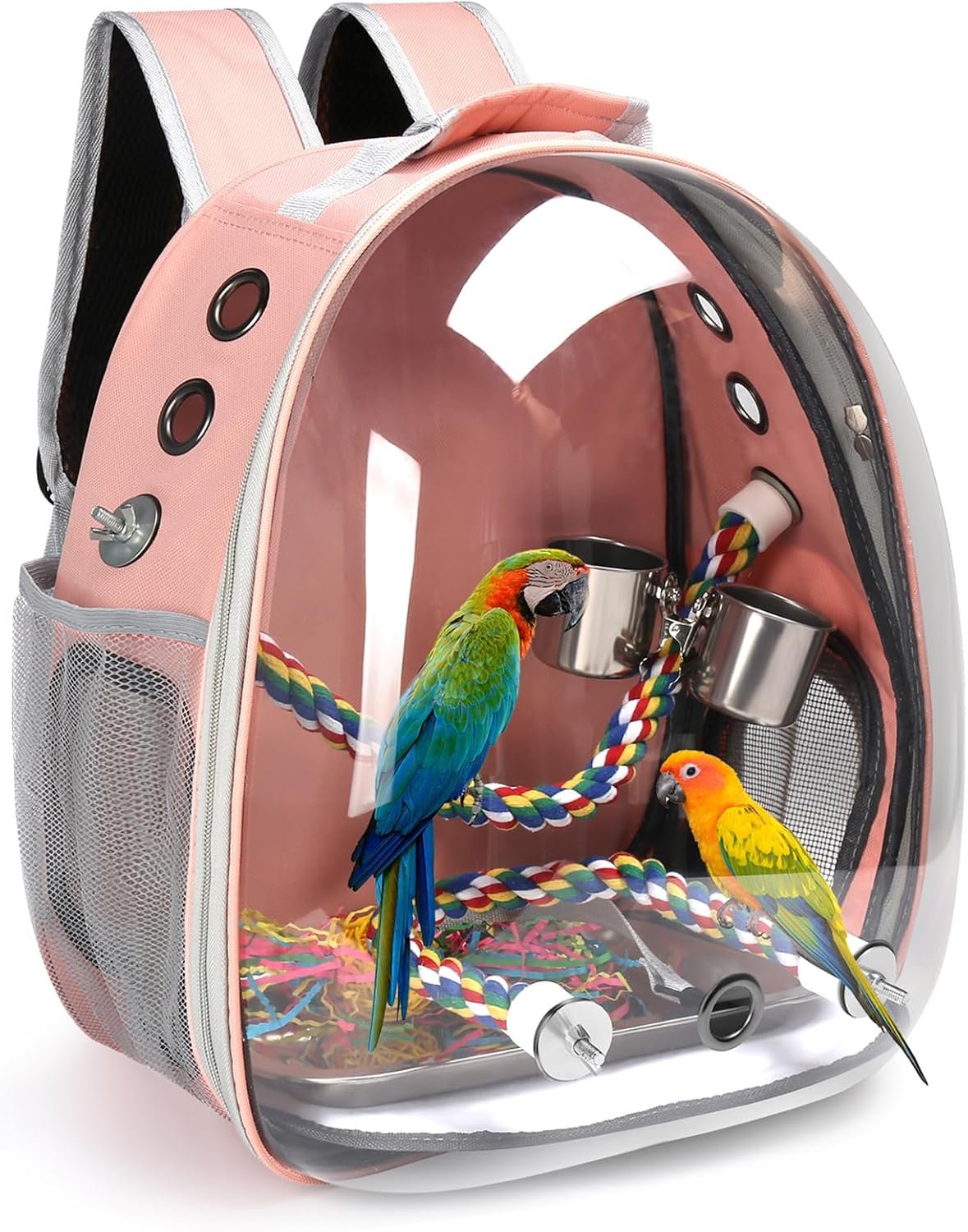 Bird Backpack Carrier, Travel Bird Cage for Small Medium Size Parrot Parakeet Budgies Cockatiel, Portable Clear Bubble Window Bag with Stainless Steel Tray Food Bowl Standing Perch (Pink)