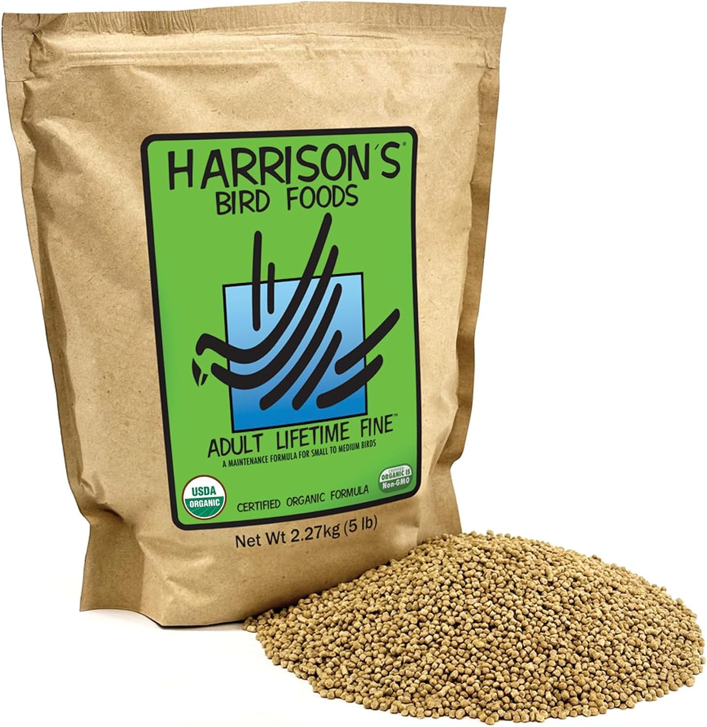 Harrison’s Bird Foods Bird Food Adult Lifetime Fine Certified Organic Non-GMO Formula Bird Food 5lb