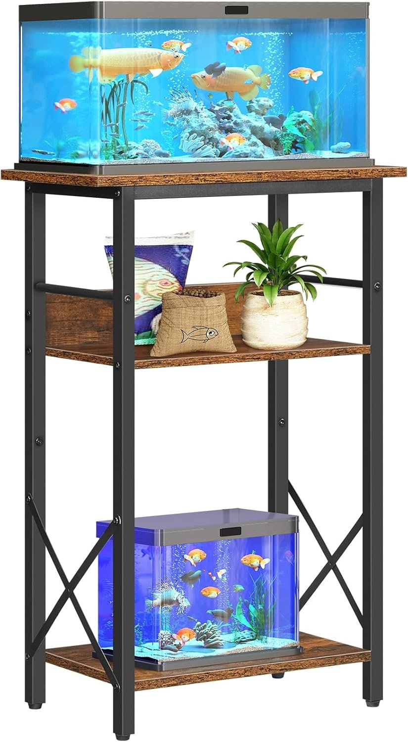 HOOBRO 10 Gallon Aquarium Stand, 3-Tier Fish Tank Stand with Storage, Reptile Turtle Tank Stand with Metal Frame, 20.5″ L x 11″ W , Rustic Brown BF52FT01