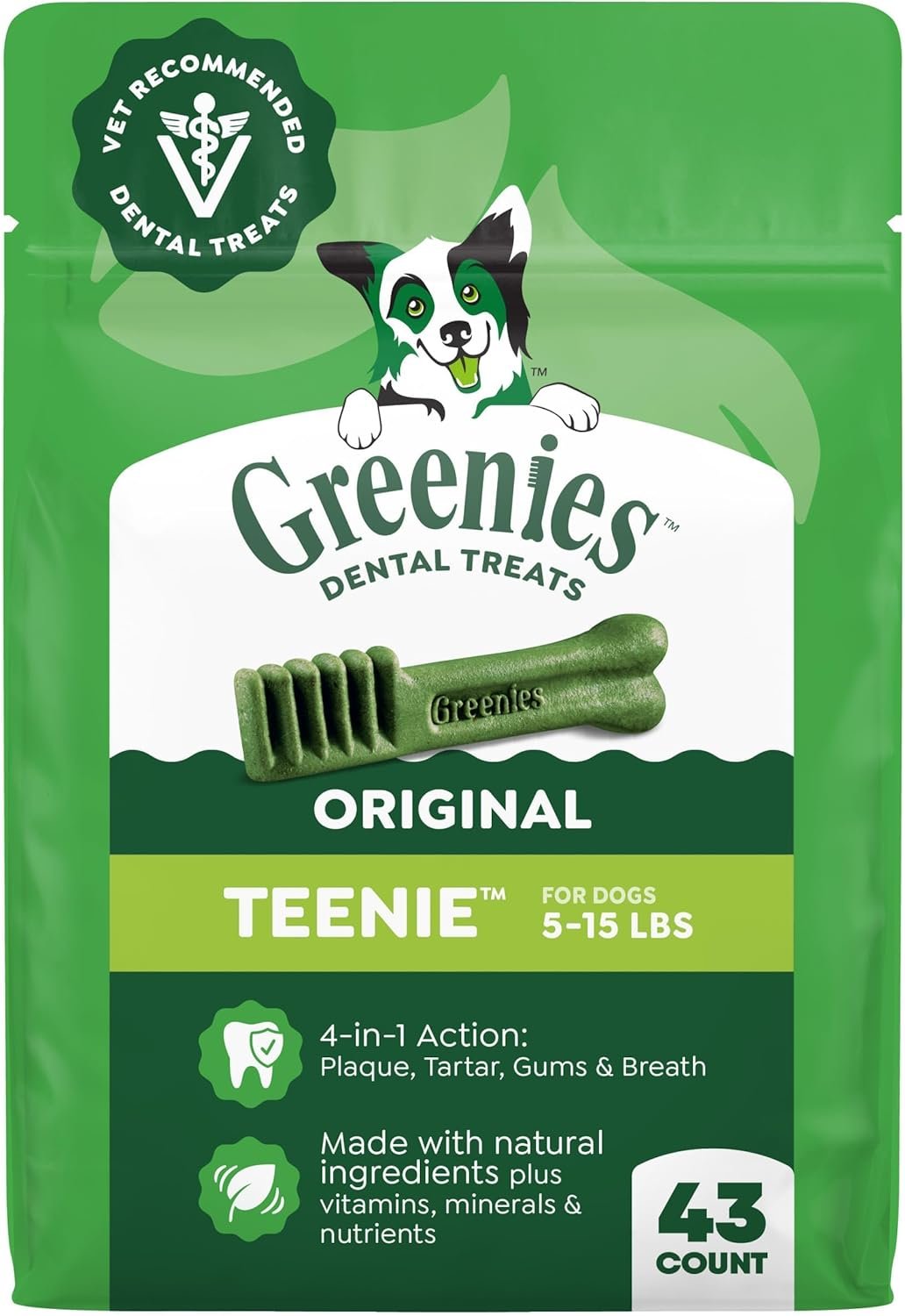 Greenies Teenie Original Natural Dental Dog Treats, Chicken, 43 Count | Clinically-proven, veterinarian-recommended, 47% less tartar & 40% less plaque in 28 days, for dogs 5-15 lbs, 12 oz. Pack