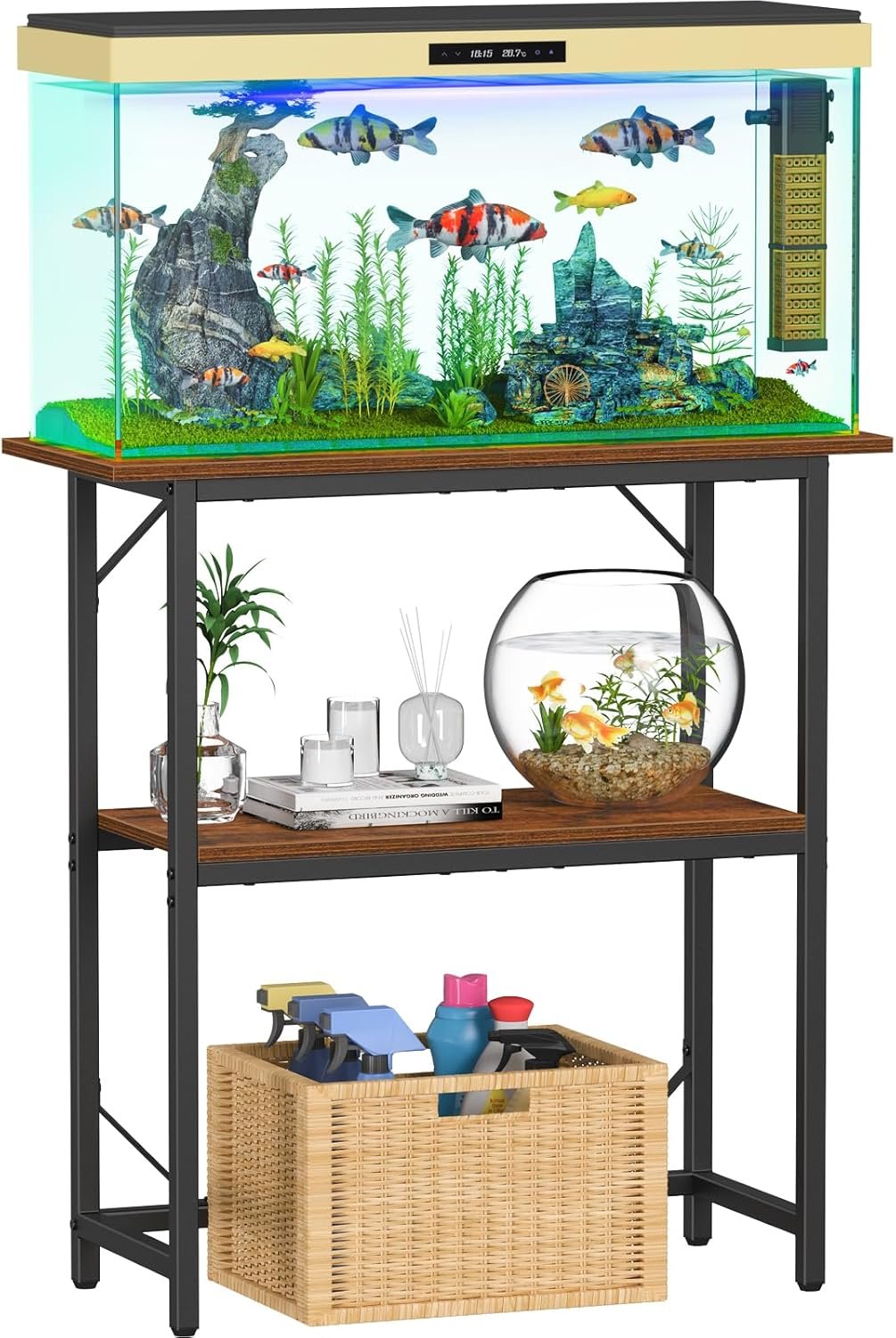 Snughome 10-30 Gallon Fish Tank Stand, Aquarium Stand 2-Tier Storage Shelves, Heavy Duty Terrarium Stand for Home Office Fish Tank Shelf, 30″ L x 11.8″ W x 30.7″ H, Rustic Brown