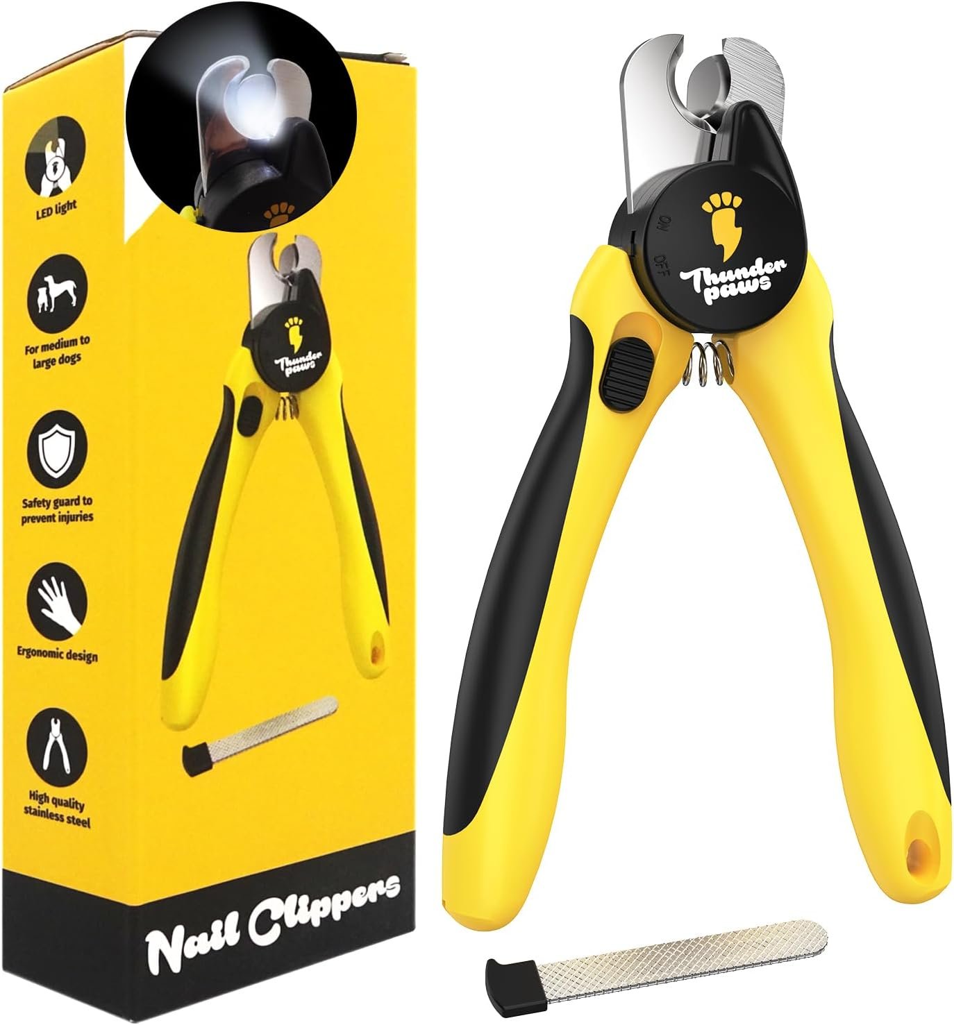 LED Dog Nail Clippers with Light Illumination, Trimmers with Protective Guard, Safety Lock and Nail File – Suitable for Large and Small Dogs & Cats (Yellow)