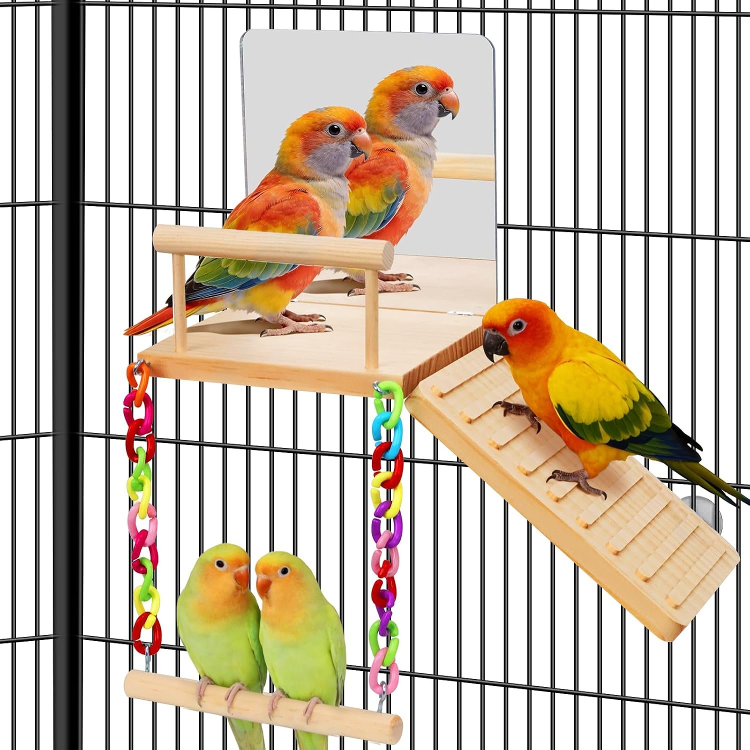 Bird Perches Platform Swing with Bird Mirror Climbing Ladder Birds Toys Cage Accessories for Cockatiels, Lovebirds, Pacific Parrotlets,Chinchilla, Hamster Play Gym Exercise Stand (with Mirror)