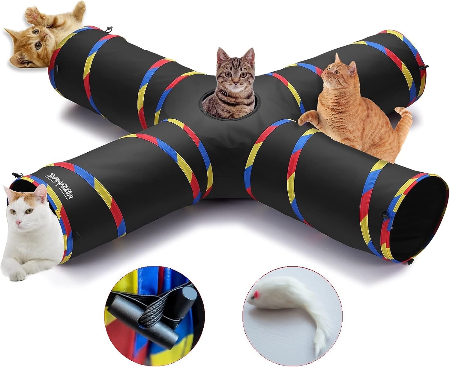 4 Way Large Cat Tunnels for Indoor Cats – 10″ Diameter & 47″ Long Play Tunnel Toy – Cat Tube with Play Ball & Mouse Toy – Interactive Peephole (Black)