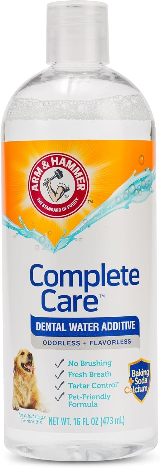 Arm & Hammer Complete Care Dog Dental Water Additive, 16 Fl Oz | Odorless, flavorless daily formula with baking soda and calcium fights plaque, tartar, and bad breath