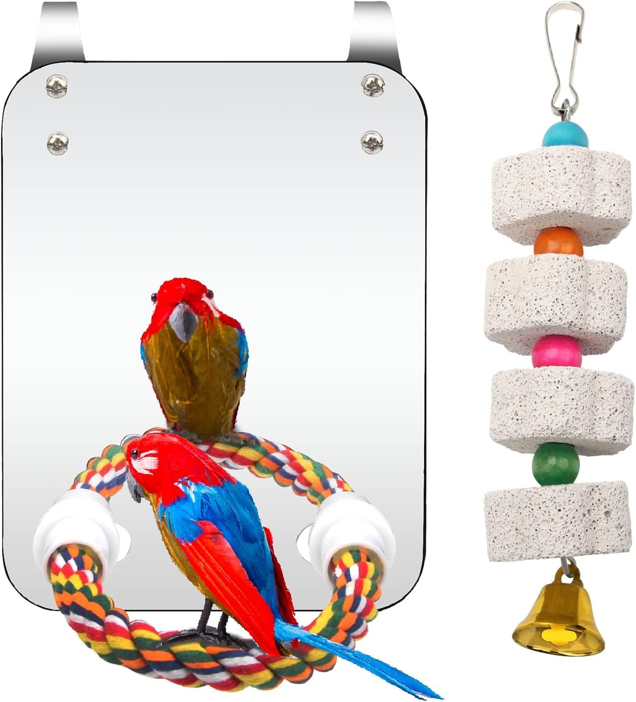 Catcan Bird Cage Mirror, Bird Mirror with Perch Rope for Cage Cockatiels Cotton Rope Standing Bar Parrot Mirror with Parrot Molar Toy Pendant