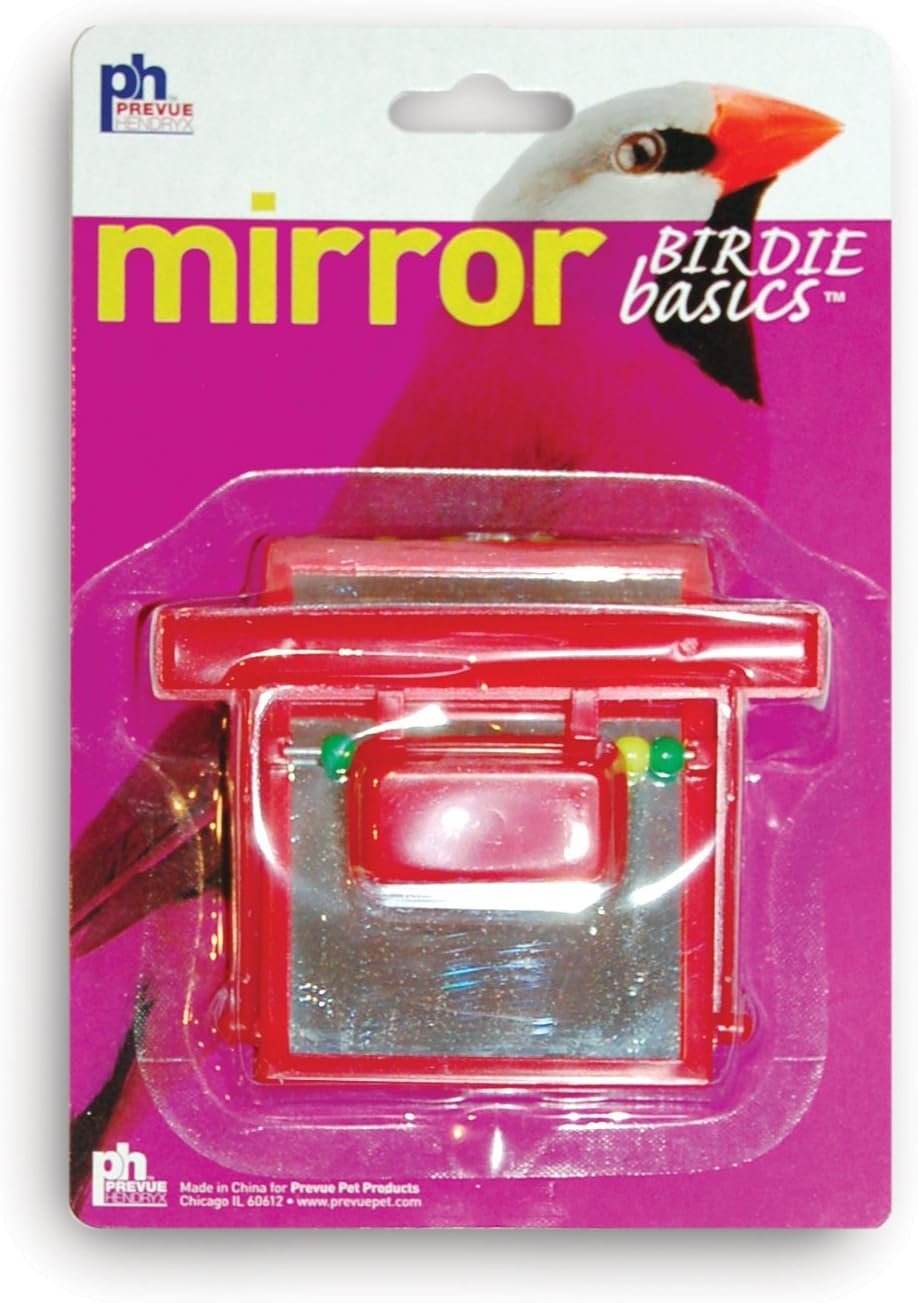 Prevue Hendryx Birdie Basics Perch Mirror with Beads Bird Toy, 4″ x 3.5″ (60424), Red (Package May Vary)